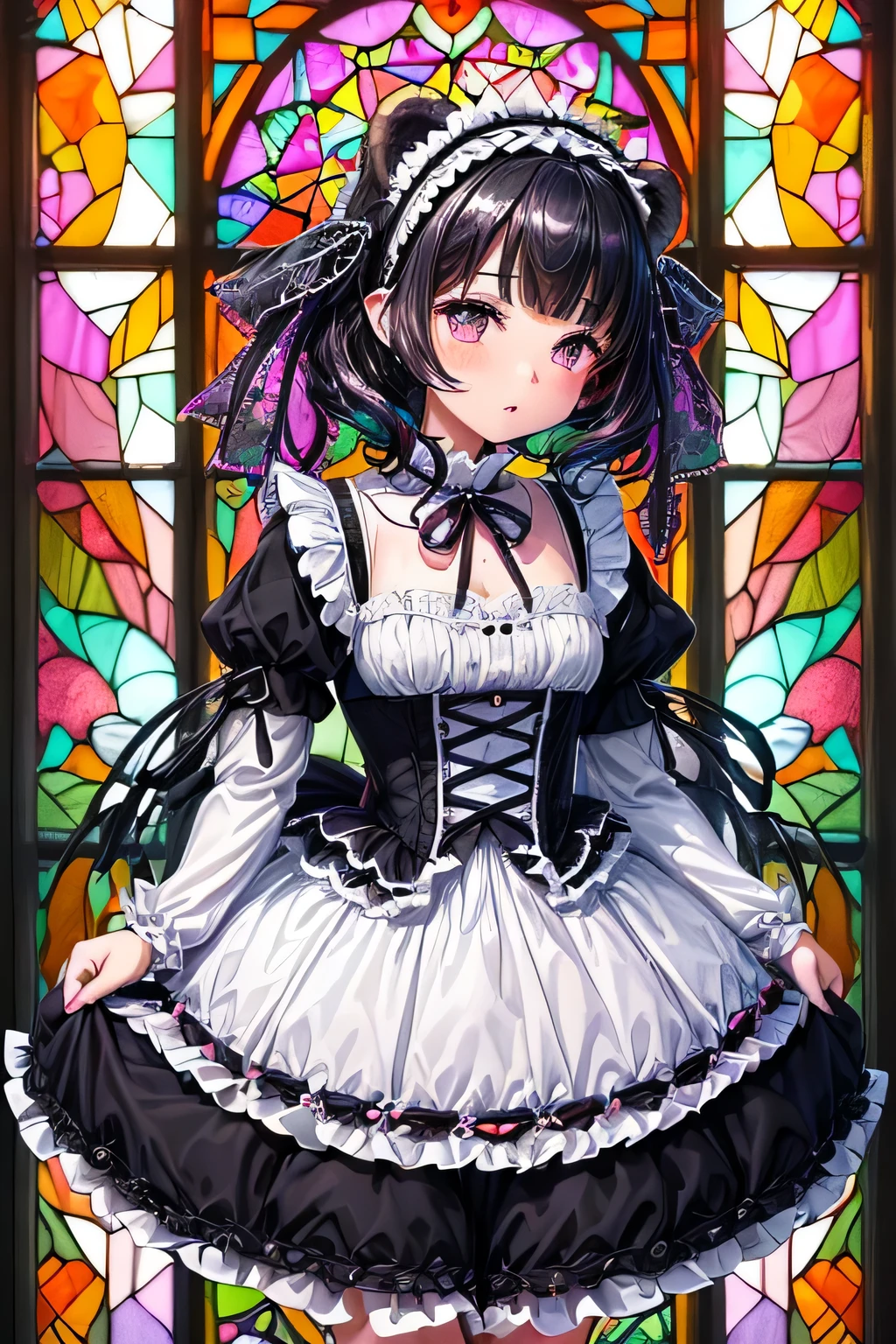 ((worst quality, low quality)), ((Bear-eared chemomimi girl:1.5)), (Gothic ta), ((Black-haired berry berry short:1.4)), (((Beautiful clear purple eyes:1.2))), plump and glossy lips, spoken word heart, A posture of leaning forward, perfect hands, (Mr.々decorated with brightly colored gerberas white&black Gothic Loli.5), (voluminous frills:1.3), (basque waist:1.3), (crinoline、long multilayer volume ruffle skirt、Mr.々decorated with brightly colored gerberas:1.5), (intricate gerbera lace embroidery:1.6), (Mr.々decorated with brightly colored gerberasGothic Lolita:2 (In white pink high heels、Mr.々Decorated with fresh gerbera flowers of different colors:1.2), (((Stained glass window background:1.3))), ((shining sunlight)), (light particles, shine of light, light:1.4), muste piece,best quality,Super detailed,