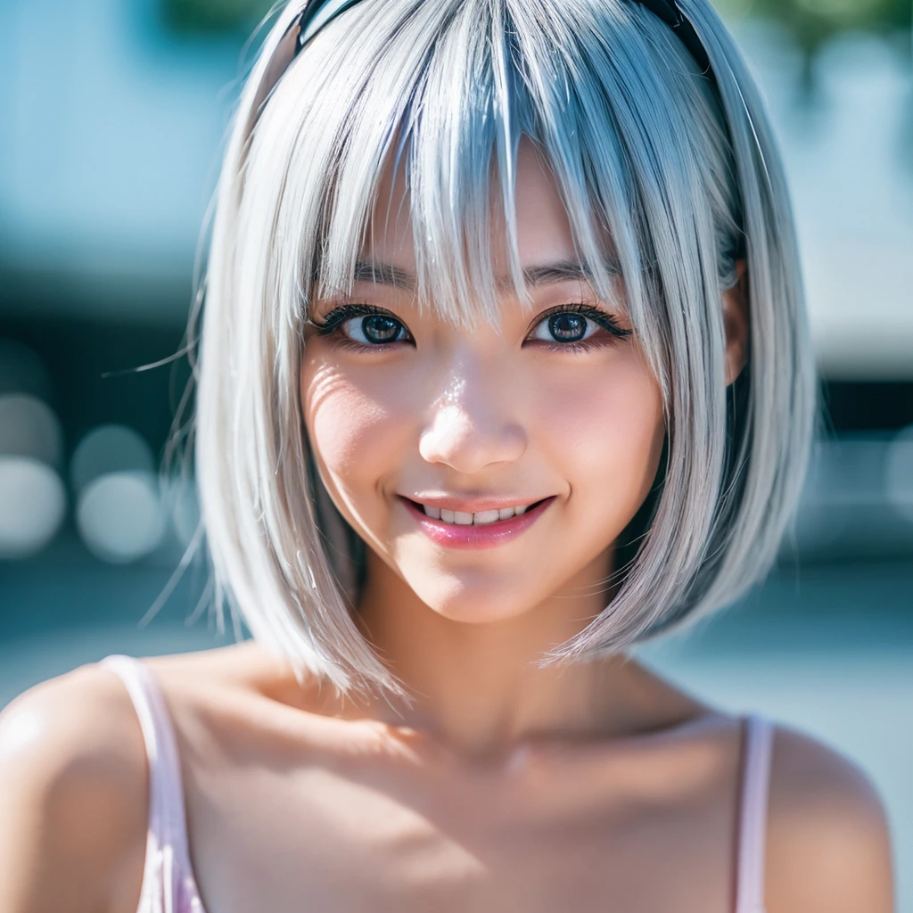 japanese girl, verycute, Whole body、 idol like wince, longeyelashes, solid circle eyes, light smile, ear blush, silver hair, gradient hair, short hair, mole under eye, wince, aqua eyes, color contact lenses, pink eyes, seductive smile, Surrealism, drop shadow, anaglyph, stereogram, tachi-e, pov, atmospheric perspective, Nikon, 135mm, modern, ray tracing, 8k, super detail, ccurate, best quality, 8k