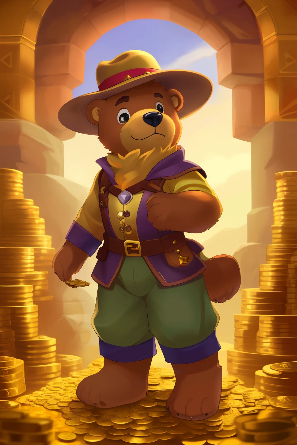 A teddy bear dressed as an adventurer, standing before a pile of gold --s2
A cuddly teddy bear donning an explorer's outfit, proudly poses in front of a mound of gold coins. --s2
Or,
An adventurous teddy bear, clad in a knapsack and wide-brimmed hat, contemplates the riches spread out before him in a heap of golden treasure. --s2
Bear in mind, the focus is on the teddy bear's adventurous attire and its reaction to the treasure. --s2