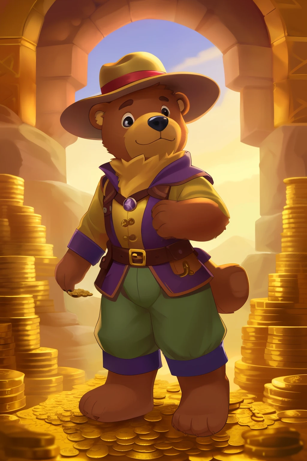 A teddy bear dressed as an adventurer, standing before a pile of gold --s2
A cuddly teddy bear donning an explorer's outfit, proudly poses in front of a mound of gold coins. --s2
Or,
An adventurous teddy bear, clad in a knapsack and wide-brimmed hat, contemplates the riches spread out before him in a heap of golden treasure. --s2
Bear in mind, the focus is on the teddy bear's adventurous attire and its reaction to the treasure. --s2