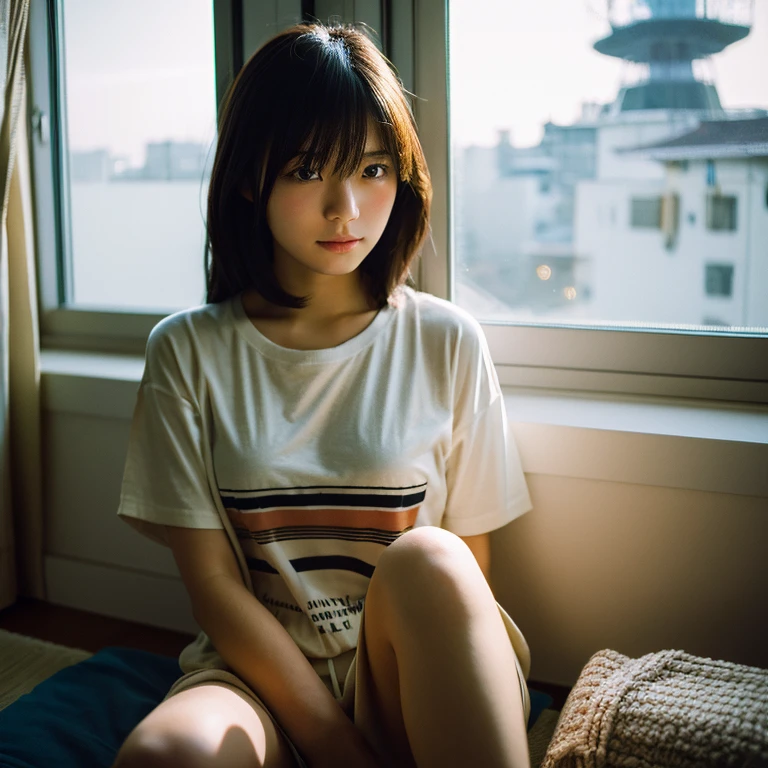 A young Japanese woman poses like a model by the window. Focal length 100mmf/2.8, early winter night, living room on the upper floor of a tower apartment, plain T-shirt and shorts, close-up of eyes, film quality.