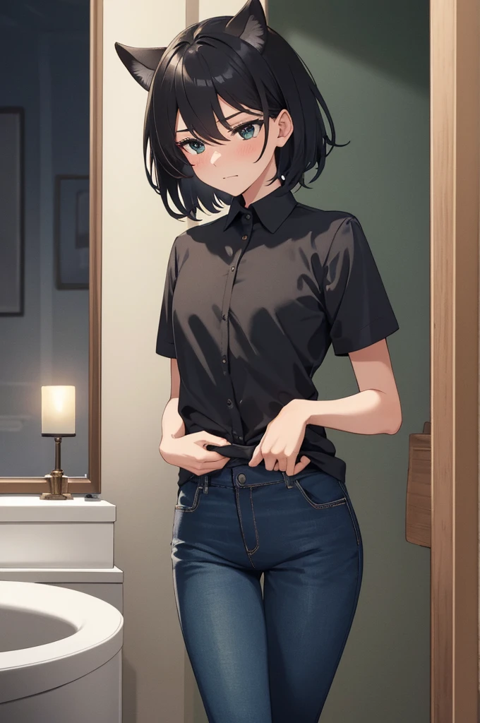Masterpiece, Best Quality, extremly detailed, Cinematic lighting, intricate detials, hight resolution, official arts, finely detailed beautiful face and eyes, high-resolution illustration, 8K, dark intense shadows, 1boy, hedgehog ears, skinny, fragile figure, short black bob hair, white tips hair, black eyes, green formal shirt, blue jeans, black boots, blushes, looks away, awkwardness, embarrassment, mouth slightly open, no smile, cloth bulge, bathroom