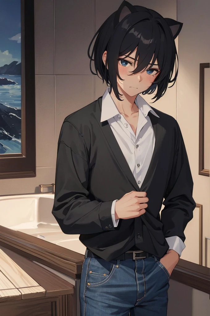 Masterpiece, Best Quality, extremly detailed, Cinematic lighting, intricate detials, hight resolution, official arts, finely detailed beautiful face and eyes, high-resolution illustration, 8K, dark intense shadows, 1boy, hedgehog ears, skinny, fragile figure, short black bob hair, white tips hair, black eyes, green formal shirt, blue jeans, black boots, blushes, looks away, awkwardness, embarrassment, mouth slightly open, no smile, cloth bulge, bathroom