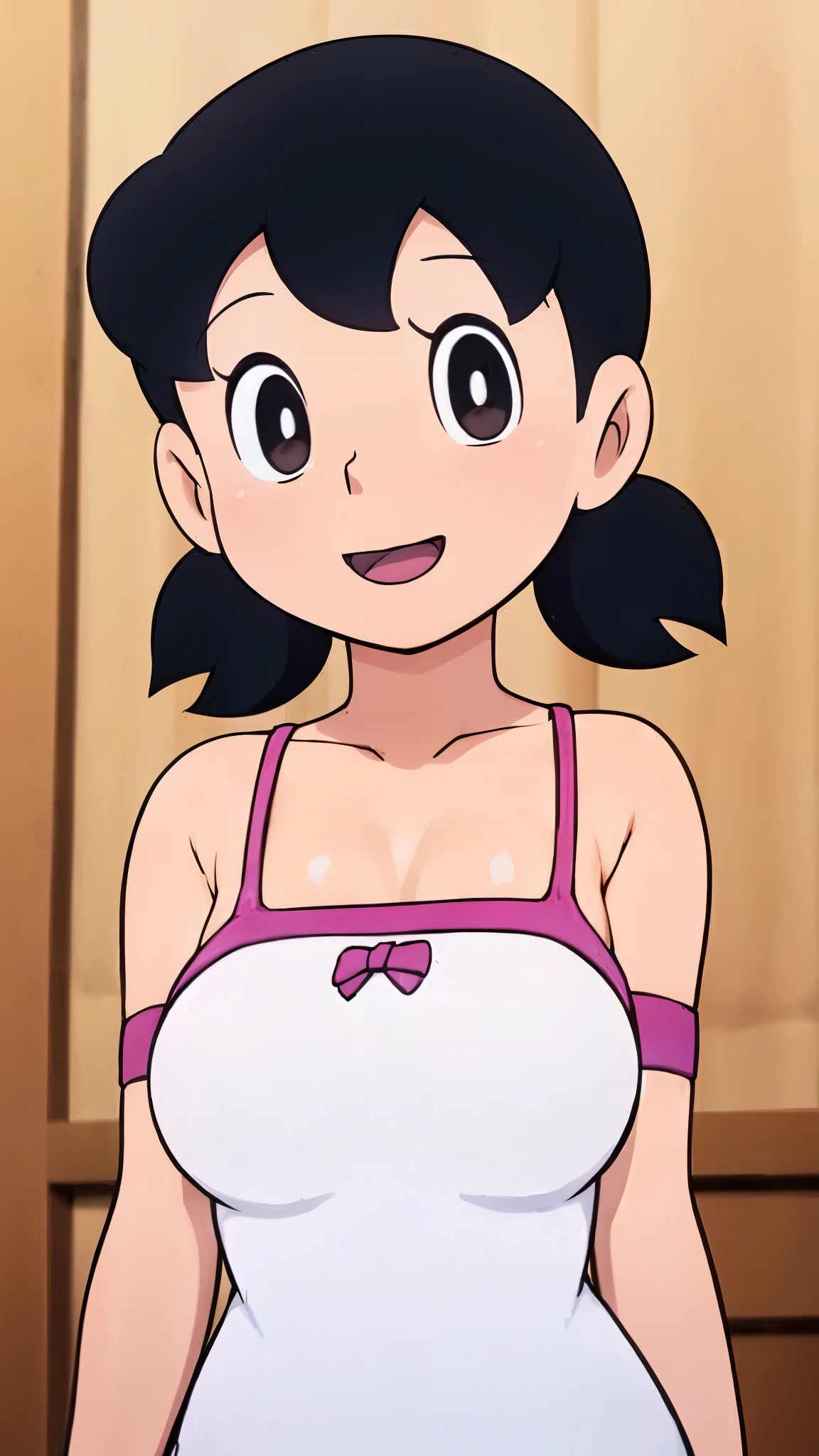 1 girl, alone, Upper body, Off the shoulder dress，white vest，Slip dress，black hair, big breasts, short, Smile