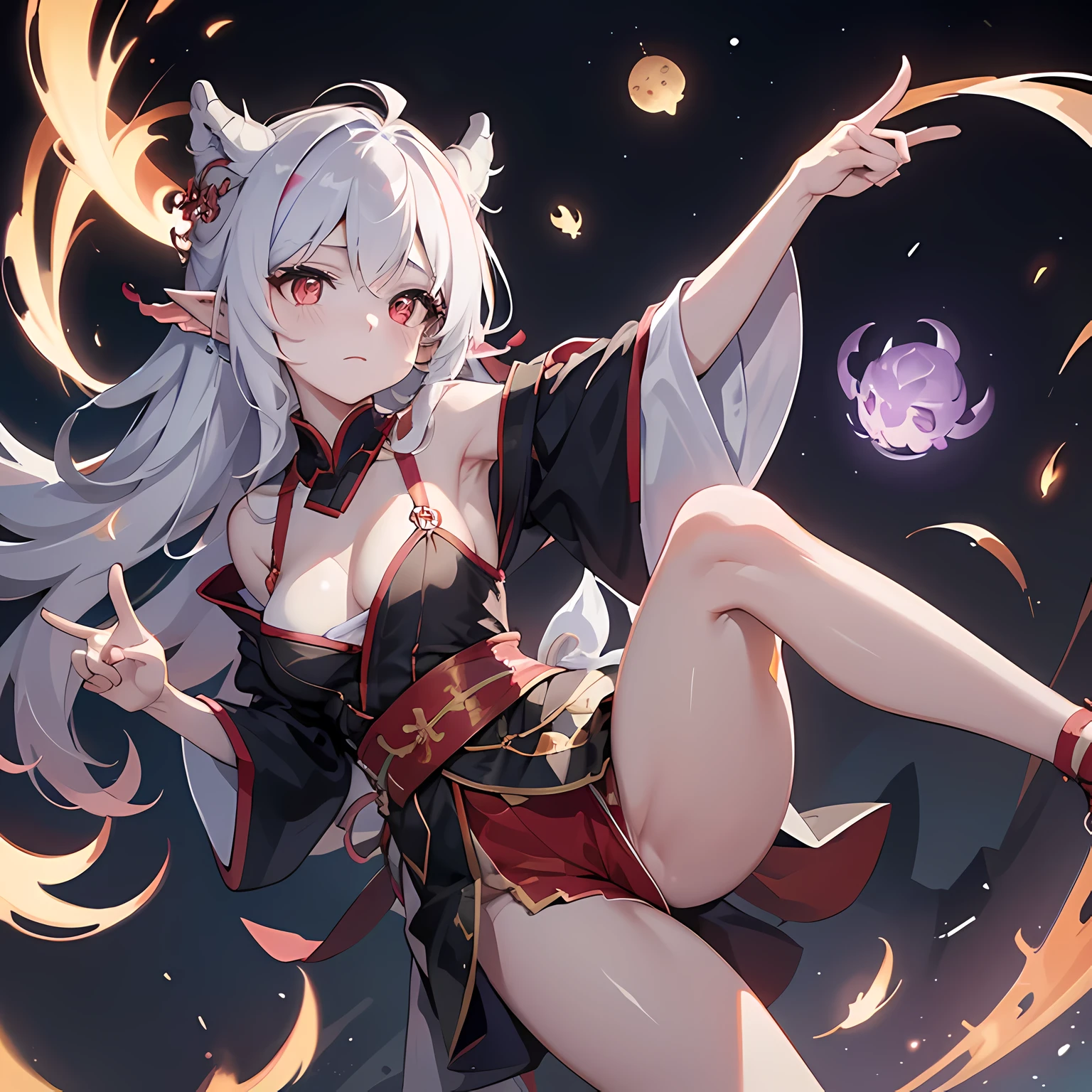 fall, upside down, Point to the viewer, Talk in your dreams, dragon girl, Legs wrapped in bandages, hanfu, hair past shoulders, pointed ears, curls, medium breasts, Moles under the mouth, colorful eyes, exhausted, fantasy, facing the camera, short legs, nebula, Face focus, movie angle, High altitude, Side note, Astonishing, movement line,
