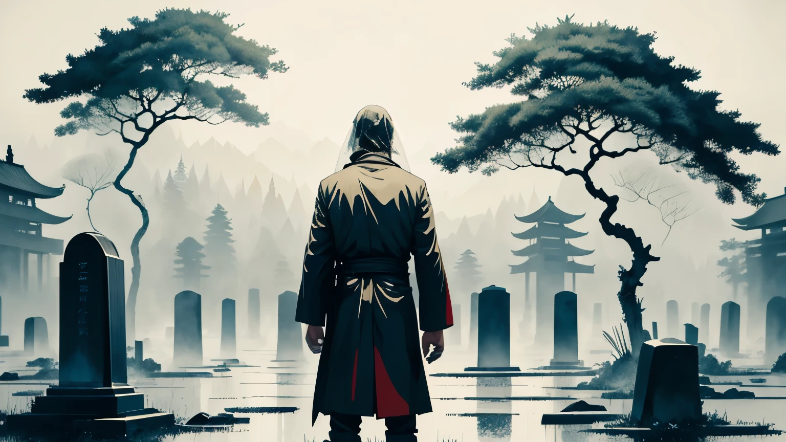anime illustration of man in a graveyard, father, chinese clothes back turned, back of head, sad, rain, graveyard scenery, grave, veil, ink smudges, rain, inky, abstract, Chinese aesthetic, Absurd, high resolution, ultra-detailed, (1 girl:1.3),