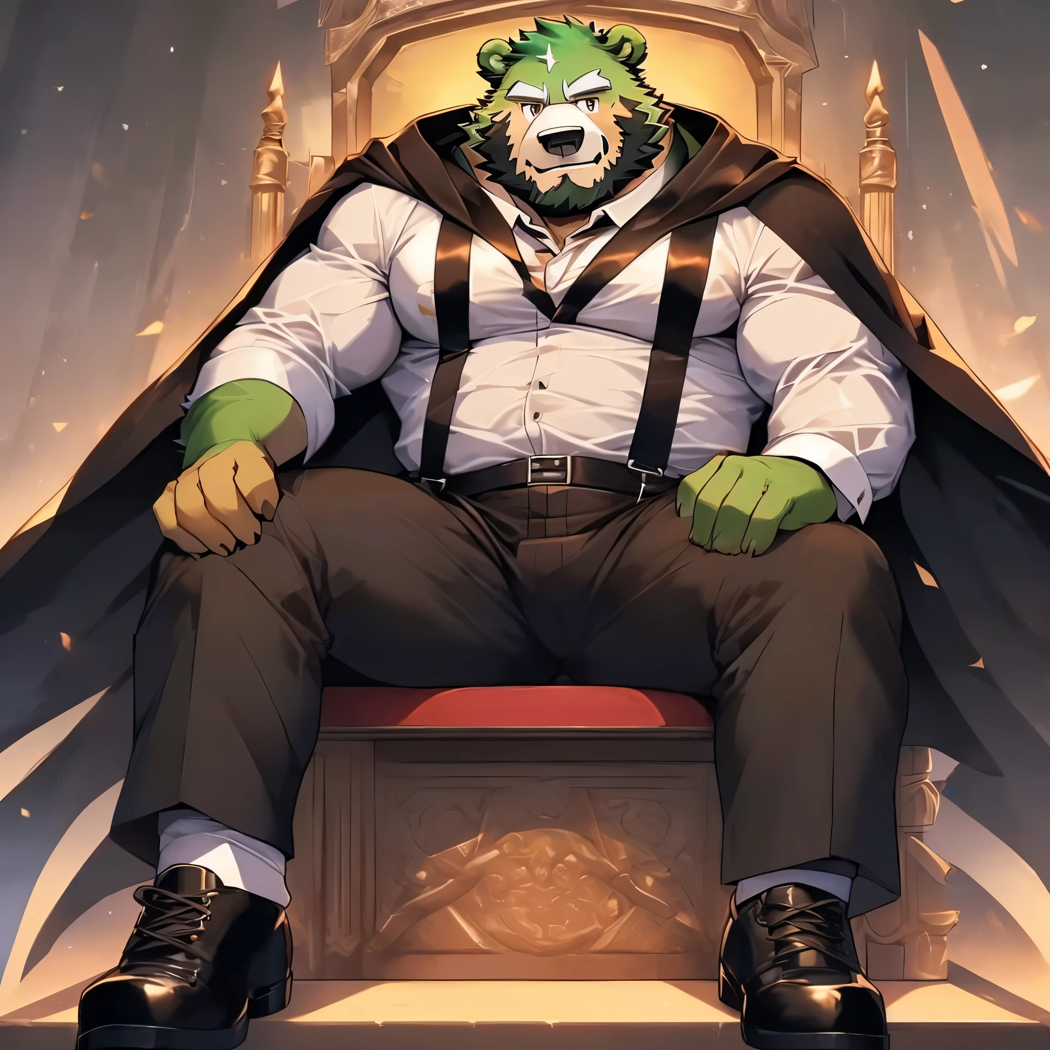 masterpiece, best quality, furry, furry bear, green fur, Jinpei, (full body), simple background, ((black cape)), (black tie), (white shirt with suspender), ((black pants)), ((black shoes)), look to the side, beard, middle age, dad bod, villain pose, smirk, confident smile, boss, sitting on the throne, (((cross-legs sit))), (((rest his chin on his hand)))