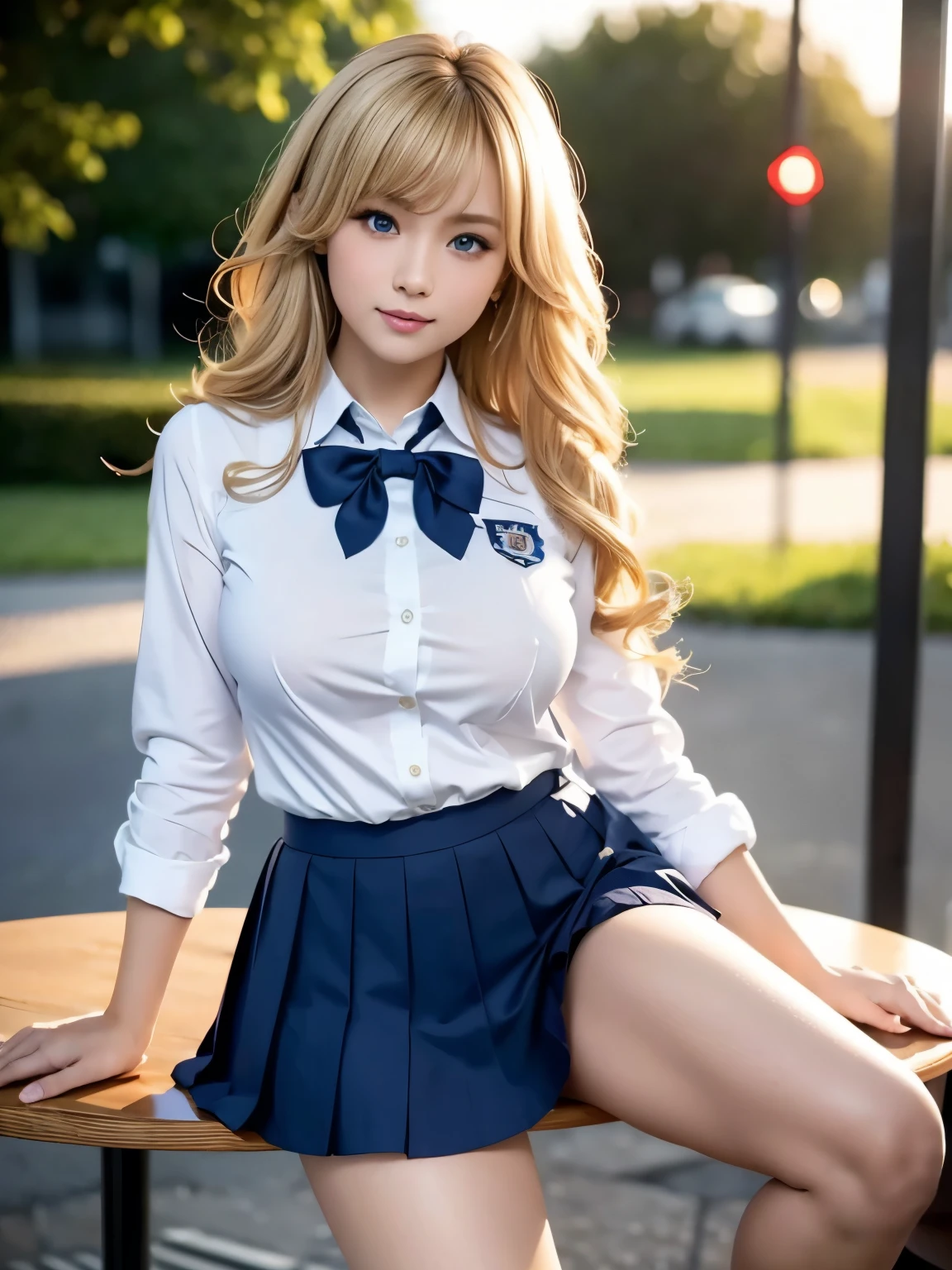 (table top:1.3, Photoreal:1.4, 8K), highest quality, masterpiece, Super high resolution, perfect dynamic composition, big face、round face、((blonde hair:1.8、curly hair))、Highly detailed skin and facial textures:1.3, Detail of limbs, 1 girl, Cute sexy 22 year old woman, (tanned skin:1.5), tilt your head, ((completely enchants you:0.9)), ((school uniform)),plump breasts, (Eyes Apart、beautiful eyes, blue eyes、Eyes that feel beautiful eros:0.85), sexy face:0.4, (closed mouth、small mouth、thick lips、A taste that gives you a beautiful sense of eroticism:0.85), ((Too cute beauty:0.9))、gal makeup、standing position、((full body shot)), beautiful legs