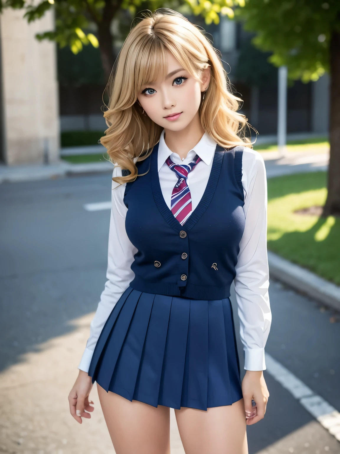 (table top:1.3, Photoreal:1.4, 8K), highest quality, masterpiece, Super high resolution, perfect dynamic composition, big face、round face、((blonde hair:1.8、curly hair))、Highly detailed skin and facial textures:1.3, Detail of limbs, 1 girl, Cute sexy 22 year old woman, (tanned skin:1.5), tilt your head, ((completely enchants you:0.9)), ((school uniform)),plump breasts, (Eyes Apart、beautiful eyes, blue eyes、Eyes that feel beautiful eros:0.85), sexy face:0.4, (closed mouth、small mouth、thick lips、A taste that gives you a beautiful sense of eroticism:0.85), ((Too cute beauty:0.9))、gal makeup、standing position、((full body shot)), beautiful legs