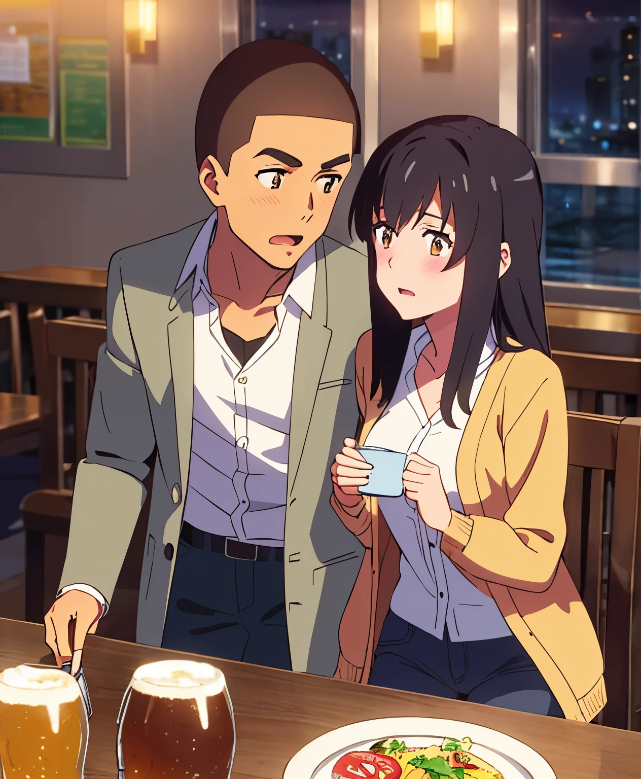 shinkai makoto, kimi no na wa., 1boy, buzzcut, office attire, boy's arms placed over girl's shoulder, drunk, boy sit beside girl, boy caressing girl's body, 1girl, bangs, black hair, brown eyes, open mouth, blush, twisted half up, red ribbon, long hair, long sleeve light yellow cardigan, open shirt, white shirt, cleavage, breast, medium breast, blue pants, drinking party,nomikai, table, food drinks, beer, indoors, night, masterpiece, perfect anatomy, cowboyshot,