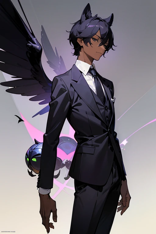 cartoon, man, boy, scarab beetle species, scarab beetle, wings, kemonomimi, (highest picture quality), masterpiece, best quality, extremely detailed CG wallpaper, ultra_detailed, black eyes, 1man, solo, tall, short_uncommon_hairstyle, masterpiece, best quality, black and purple, suit, grey skin color,