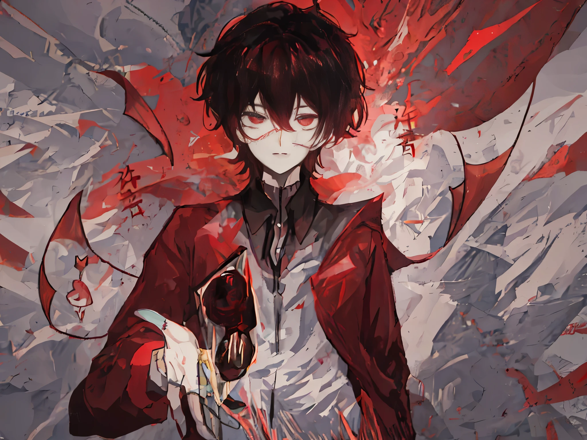 Drawing of a man in a red jacket holding a knife, Inspired by Okumura Masanobu, an anime drawing, anime style, Handsome Japanese devil boy, Demon Slayer: Rui fan art, Illustrations by Soejima Shigenori, Drawn by Japanese anime artist, anime style人物, anime style, trigger anime art style, anime drawing, 日本anime style