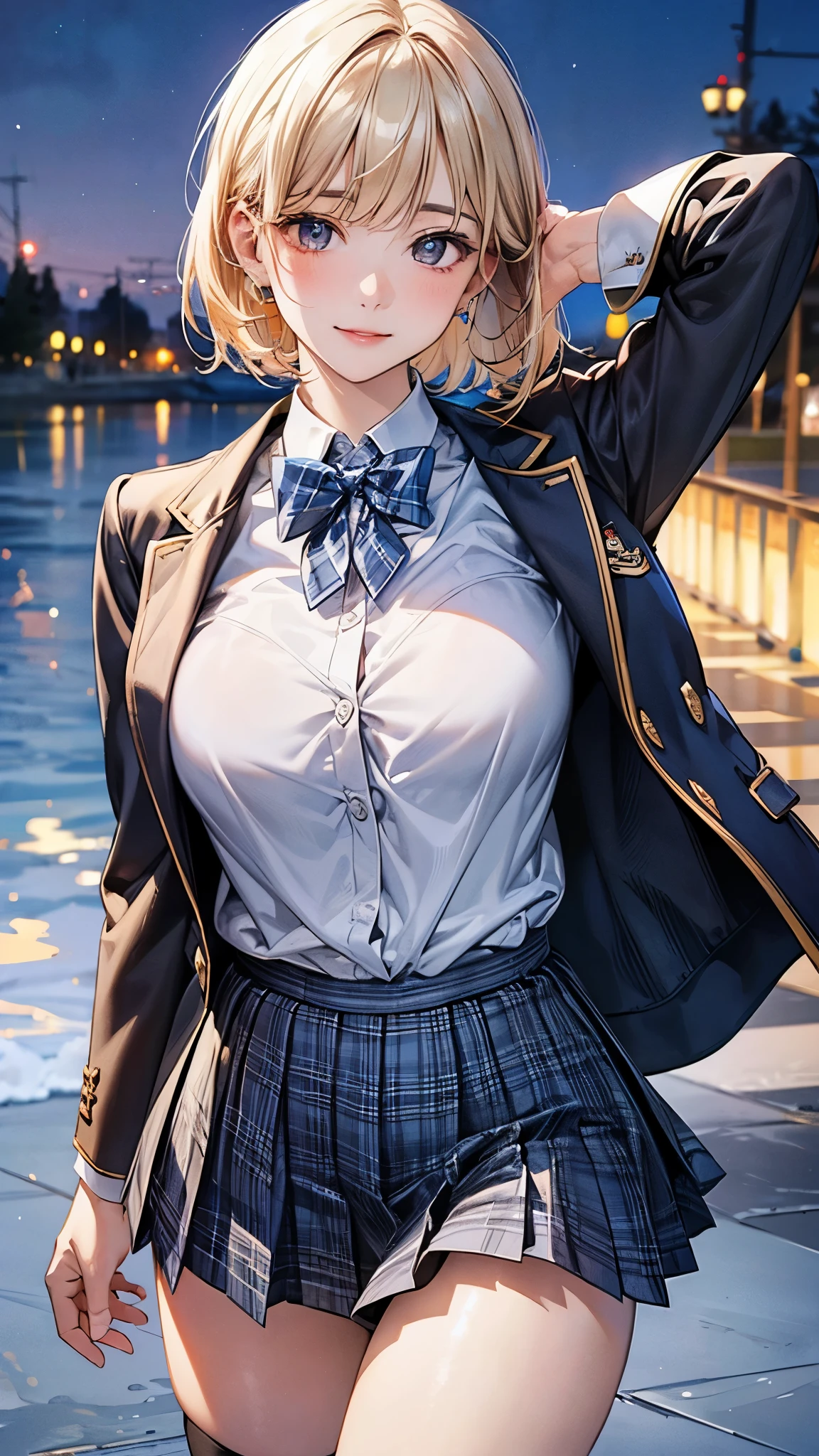 (masterpiece:1.2, top-quality), (realistic, photorealistic:1.4), beautiful illustration, (natural side lighting, movie lighting), nsfw,
looking at viewer, cowboy shot, front view:0.6, 1 girl, japanese, high school girl, perfect face, cute and symmetrical face, shiny skin,
(short hair:1.5, pixie cut:1.4, blond hair), bangs pinned back, red eyes, long eye lasher, (large breasts:0.6, thick thighs),
beautiful hair, beautiful face, beautiful detailed eyes, beautiful clavicle, beautiful body, beautiful chest, beautiful thigh, beautiful legs, beautiful fingers,
(((navy jacket), light blue collared shirts, navy pleated mini skirt, black socks, blue plaid bow tie)),
(beautiful scenery), evening, riverside, standing, wave hands, (lovely smile, upper eyes),