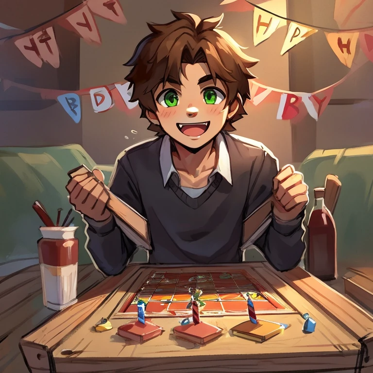 20 year old man with green eyes brown hair celebrating his birthday playing board games