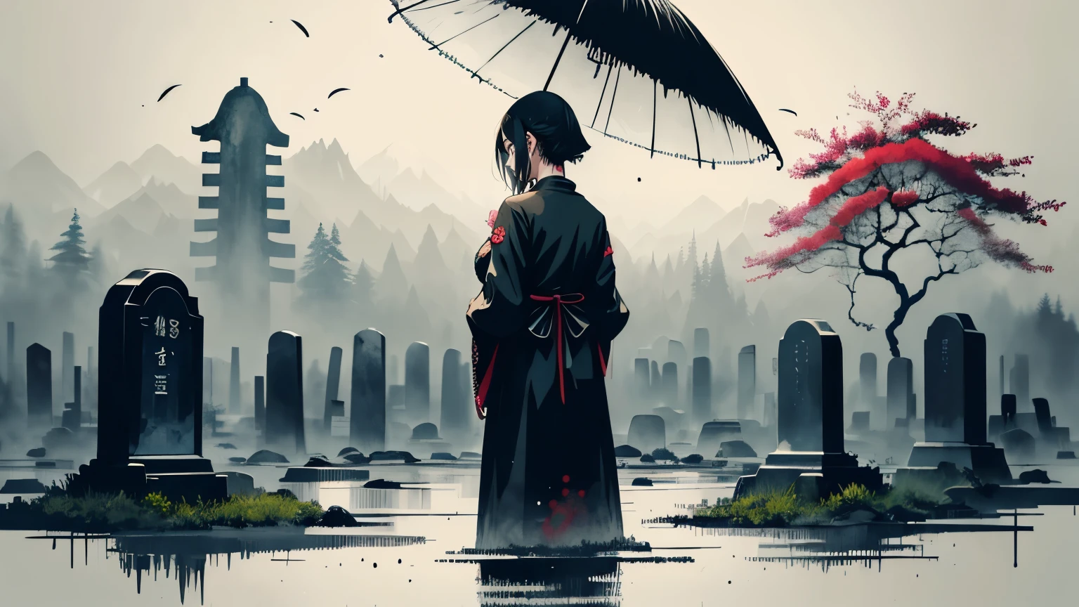 anime illustration of woman in a graveyard, black chinese dress, black hair, back turned, back of head, sad, rain, graveyard scenery, grave, veil, ink smudges, rain, inky, abstract, Chinese aesthetic, Absurd, high resolution, ultra-detailed, (1 girl:1.3),