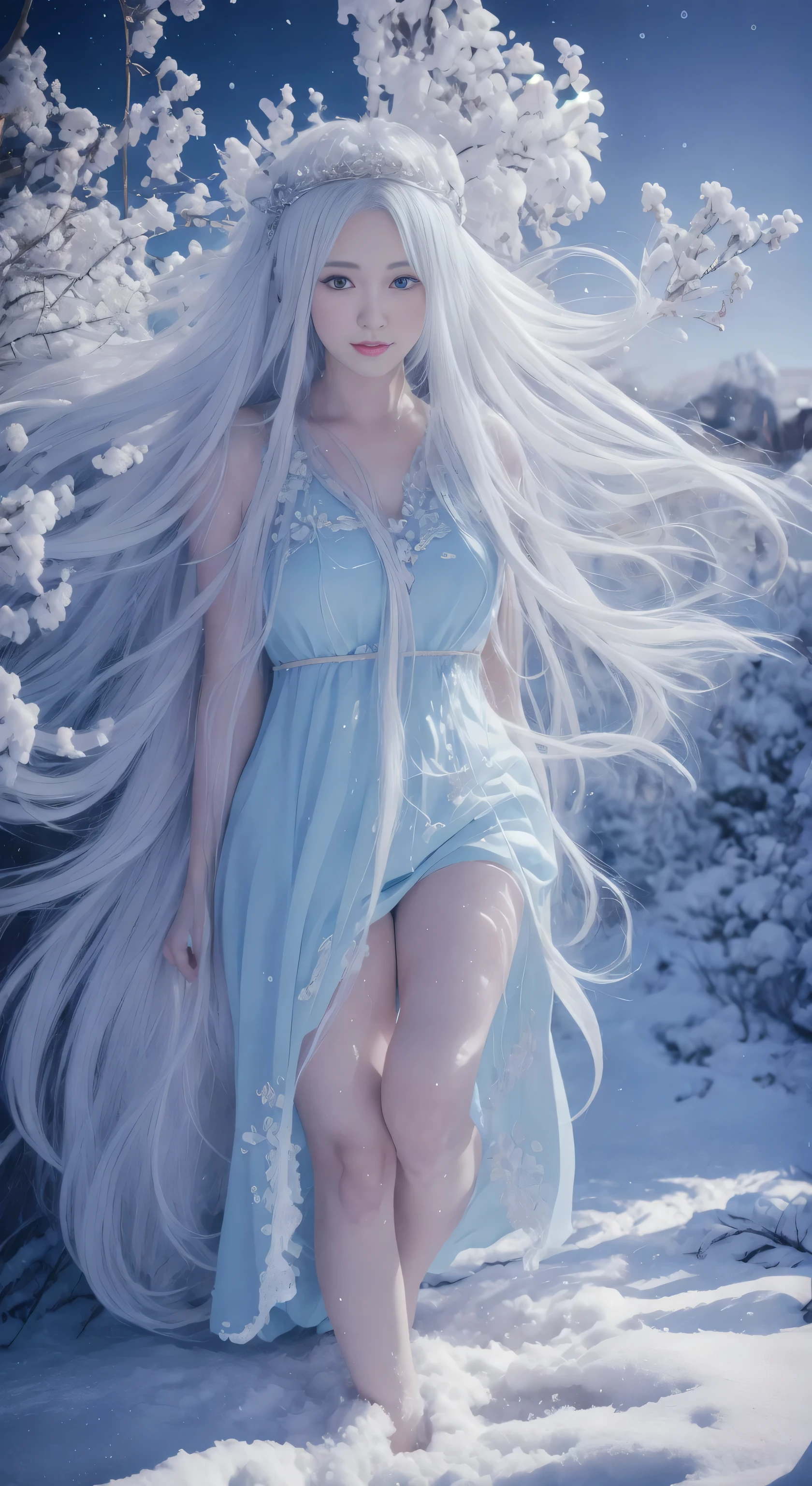 anime girl with long white hair and a blue dress in the snow, white haired deity, white hair floating in air, anime fantasy illustration, flowing white hair, beautiful young wind spirit, beautiful fantasy anime, glowing flowing hair, ethereal anime, beautiful anime artwork, beautiful digital artwork, anime fantasy artwork, ((a beautiful fantasy empress)), 2. 5 d cgi anime fantasy artwork