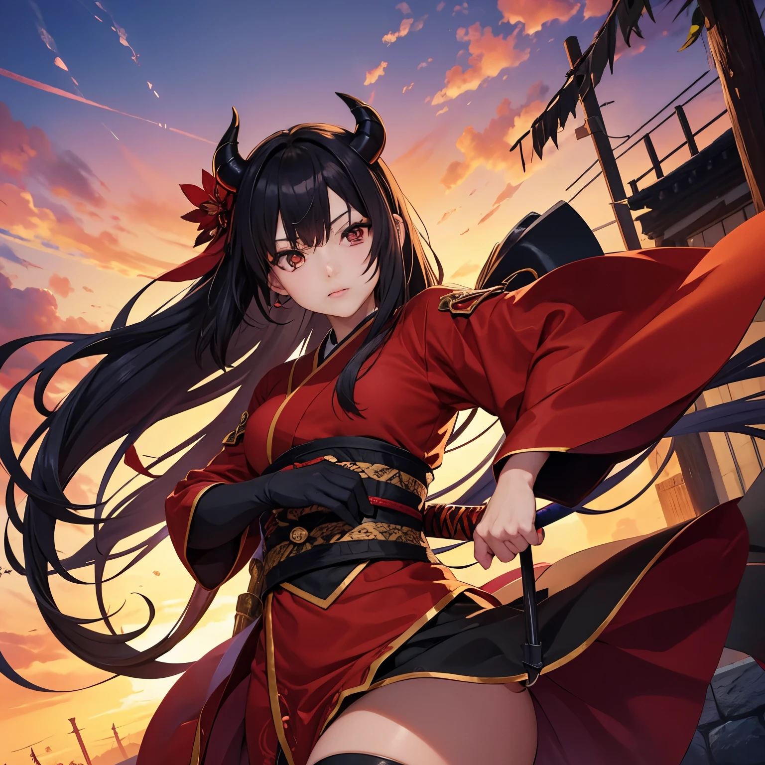 Anime art style Demon Slayer Female Character With Features:
 cor de pele: branca
Cor do cabelo: Castanho longo ondulado
Cor dos olhos: Castanho Claro
Roupa: Kimono de cor vermelha baseado no anime de Demon Slayer
Arma: Katana 
Altura: 1,65