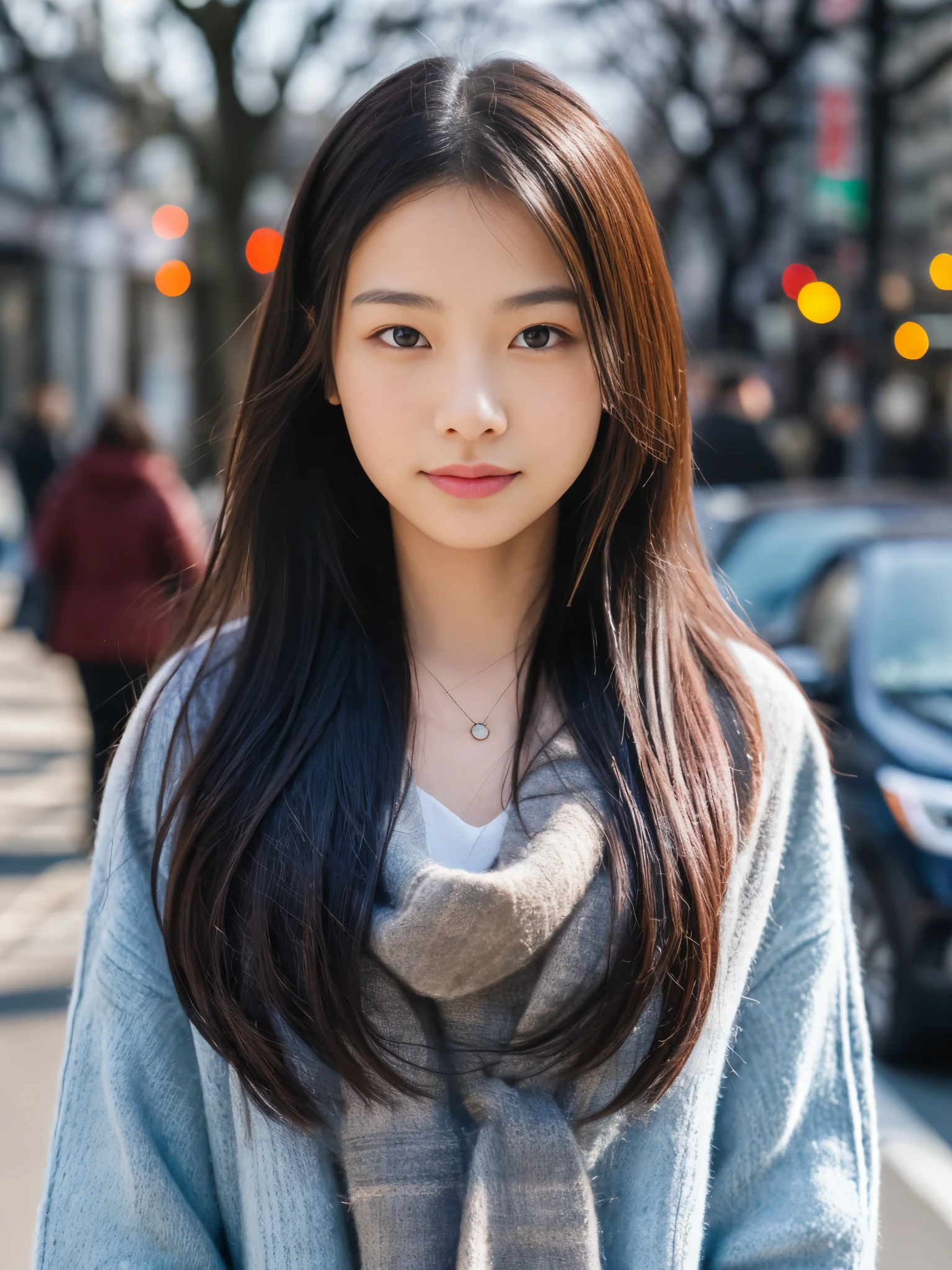 Photoreal, 8K full-length portrait, Beautiful woman, attractive look, Clear system, , Tokyo city, winter, Shibuya in the background