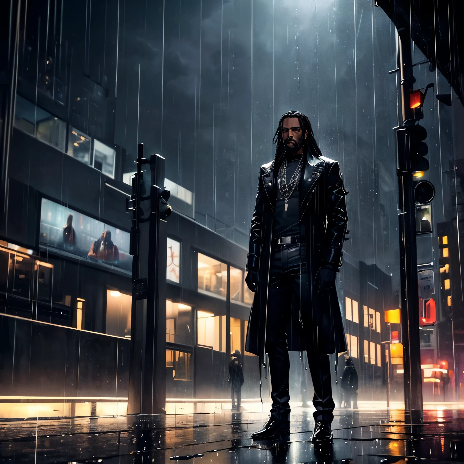 1man, (((dark skin))), stoic, serious, ((long black hair)), ((dreadlocks)), beard, black leather coat, black trousers, black T-shirt, black shoes, in a lit-up city at night, (((rain)), standing