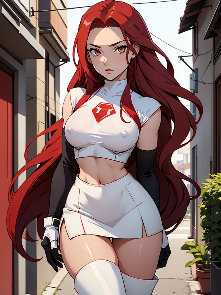 linda mulher, long hair,red hair, brown eyes, ,team rocket uniform, red letter R, white skirt,white crop top,black thigh-high boots, black elbow gloves, looking at viewer, cowboy shot,beco na rua