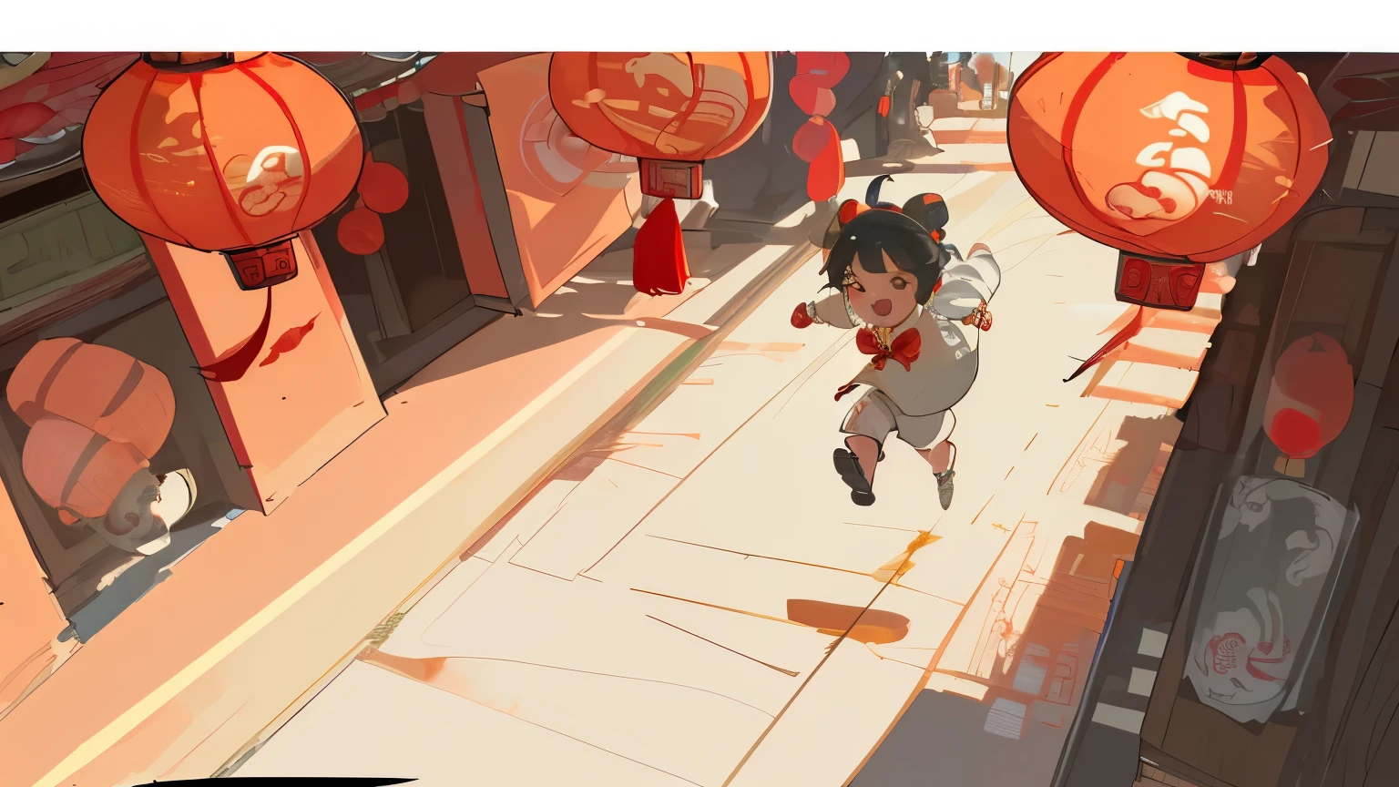 A Chinese child runs through the street, a street celebrating the Chinese New Year, decorated with lanterns and Spring Festival couplets, A detailed background, incredible details, ultra high accuracy, high resolution