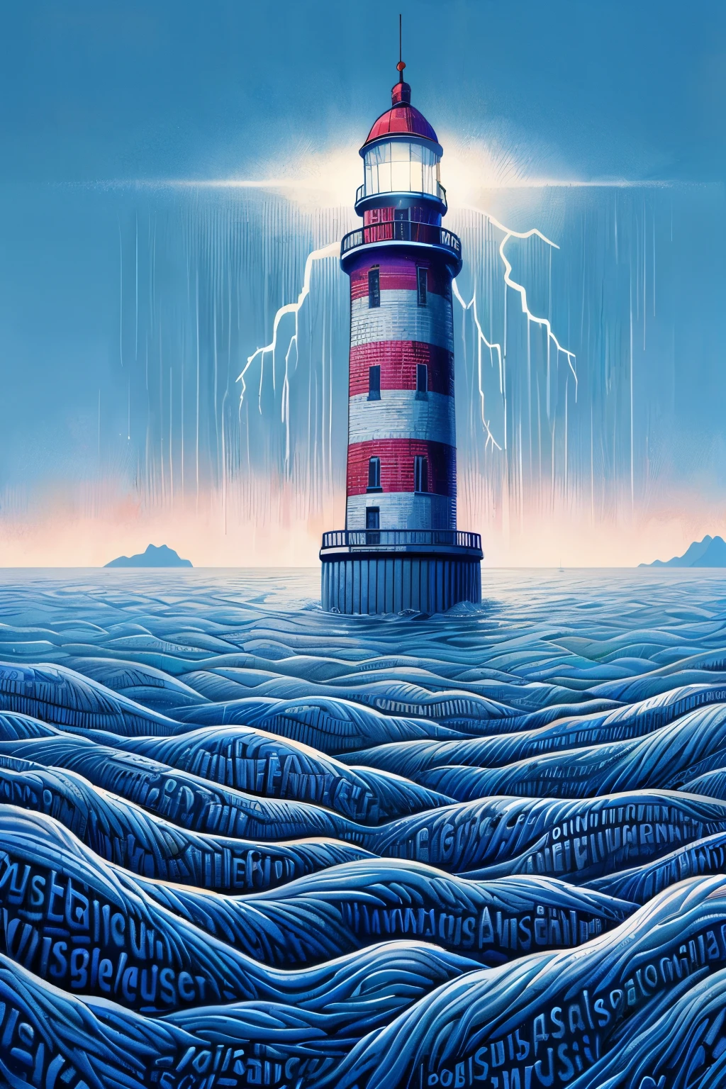 painting of a lighthouse in the middle of a stormy ocean, by Dan Mumford, painting by dan mumford, by David B. Mattingly, in the art style of dan mumford, fractal thunder dan mumford, el bosco and dan mumford, lighthouse, in the style dan mumford artwork, dan mumford and albert bierstadt, bold lighthouse in horizon, by David G. Sorensen add a boat
