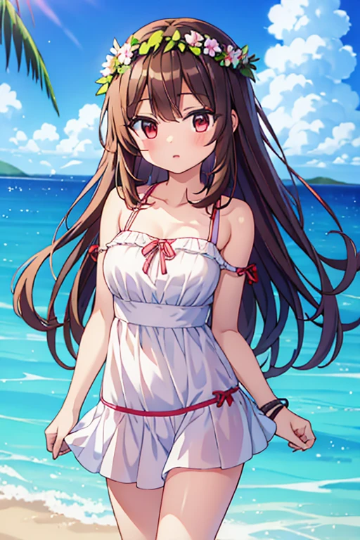 high quality,masterpiece,Premium Quality, cute,girl, C cup size breasts, Brown long hair, cute red lace Mini dress that shows cleavage, Knee-high socks Barefoot, Sunny seaside, Eye height,sunlight,viewing angle