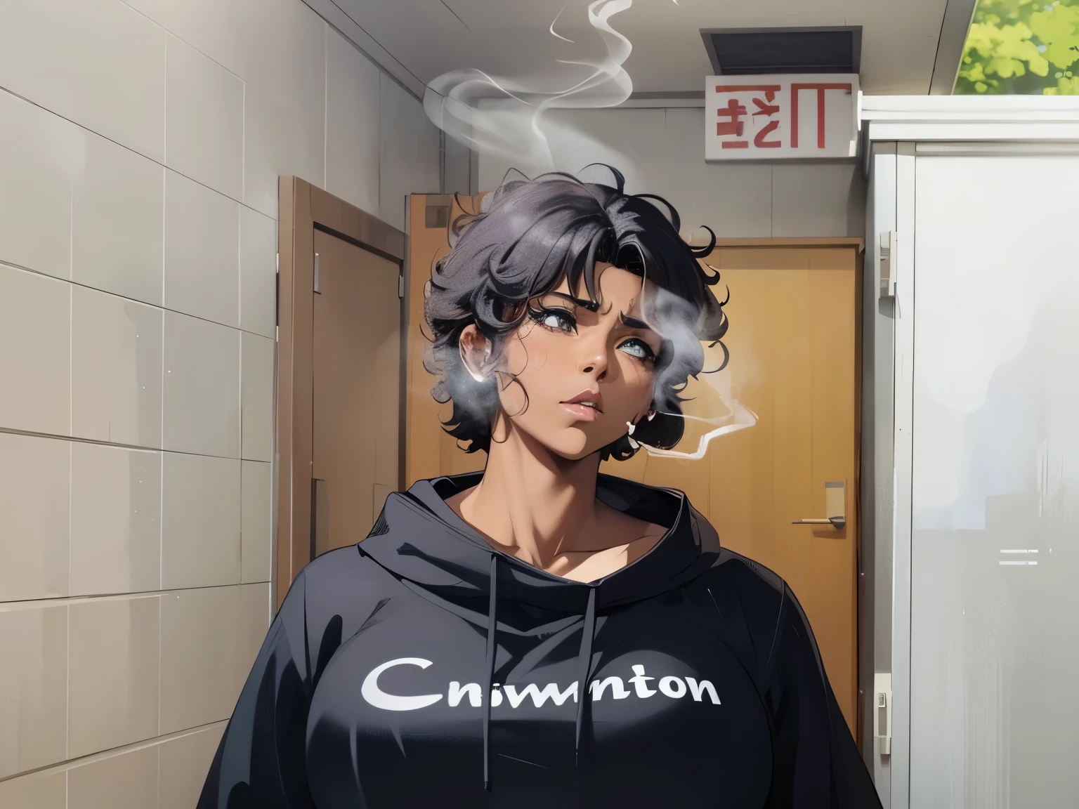 1girl, anime, anime girl, anime style, dark skin, curly hair, mature woman, mature, busty, looking off into the distance, smoking a cigarette, black clothes, gloomy, dark atmosphere, hd, high definition, dynamic lighting