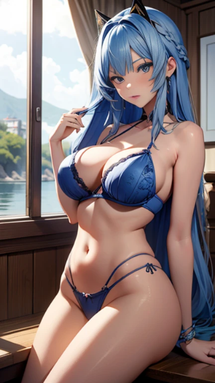 sexy, long blue hair, blue eyes, very big breasts, only panties, collar, earrings, NSFW