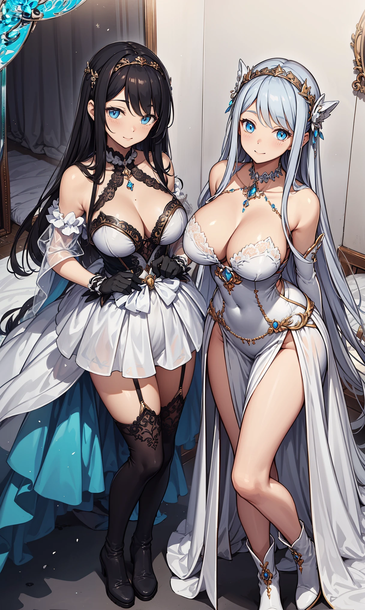 saints,Elegant and charming,having fun,Being in love,(Fantasy world transparent white dress),black gloves,silver hair,blue eyes,see through transparent clothes,Delicate hair accessories,Transparent lace,Sky blue pattern,night,Dress nicely,bedroom,night,Carved suspender boots,super ultra detail,sacred mist,light particles