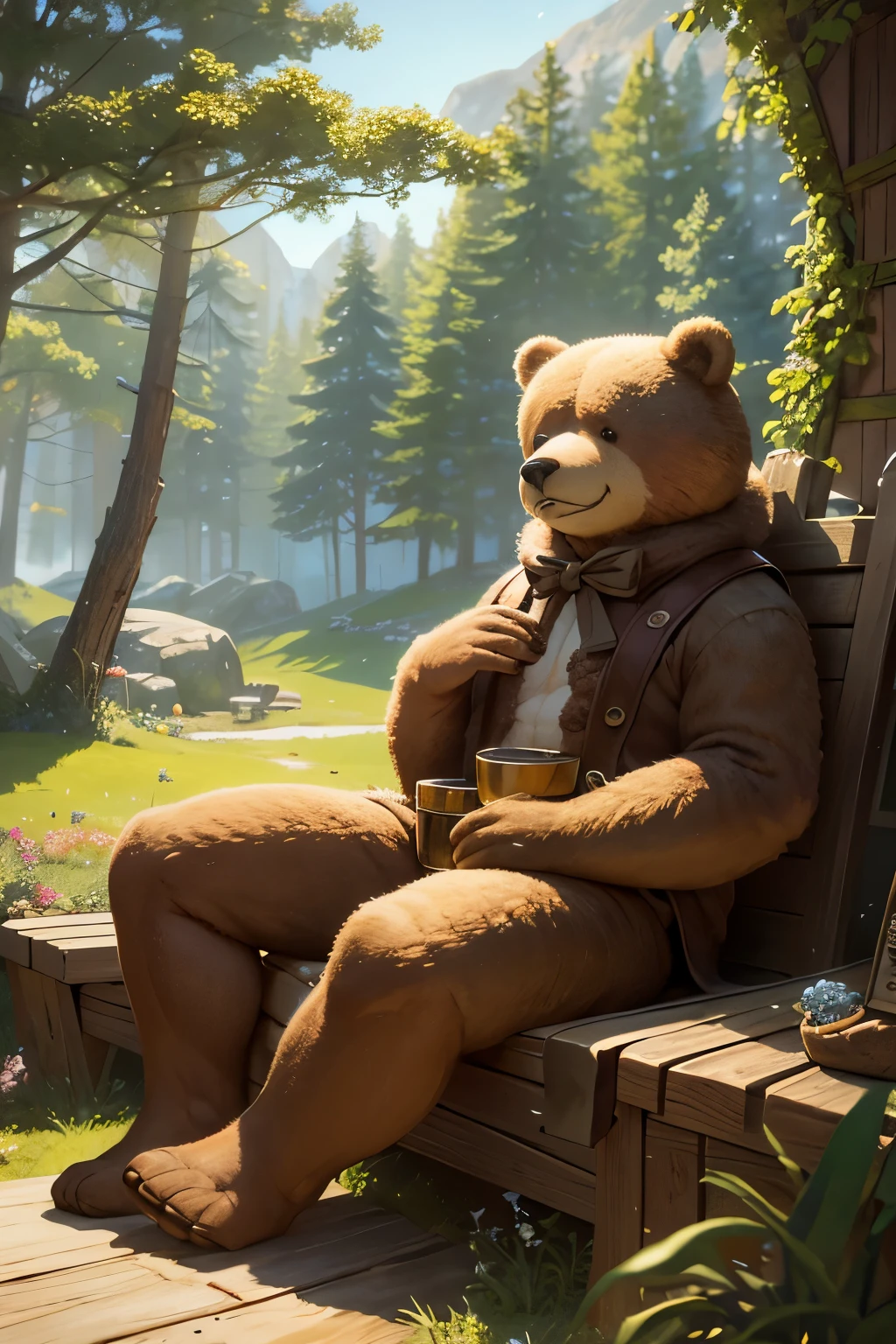 A teddy bear, disguised as an adventurer, is sitting atop a majestic pile of gold coins. The bear's button eyes twinkle with excitement and curiosity, its plush fur shimmering under the soft, golden hue of the surrounding treasure. The pile of coins, glistening with a rich, golden sheen, seems endless, reaching up to the adventurer bear's chest. The scene is bathed in a warm, buttery light, giving the image a whimsical and magical feel.
(Digital Illustration, MASTERPIECE, Best quality, Ultra-detailed, Extremely detailed photo, Cute and whimsical, Warm