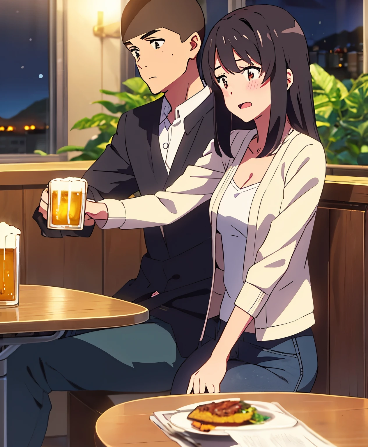 shinkai makoto, kimi no na wa., 1boy, buzzcut, office attire, boy's arms placed over girl's shoulder, drunk, boy sit beside girl, boy caressing girl's body, 1girl, bangs, black hair, brown eyes, open mouth, blush, twisted half up, red ribbon, long hair, long sleeve light yellow cardigan, open shirt, white shirt, cleavage, breast, medium breast, blue pants, drinking party,nomikai, table, food drinks, beer, indoors, night, masterpiece, perfect anatomy, cowboyshot,