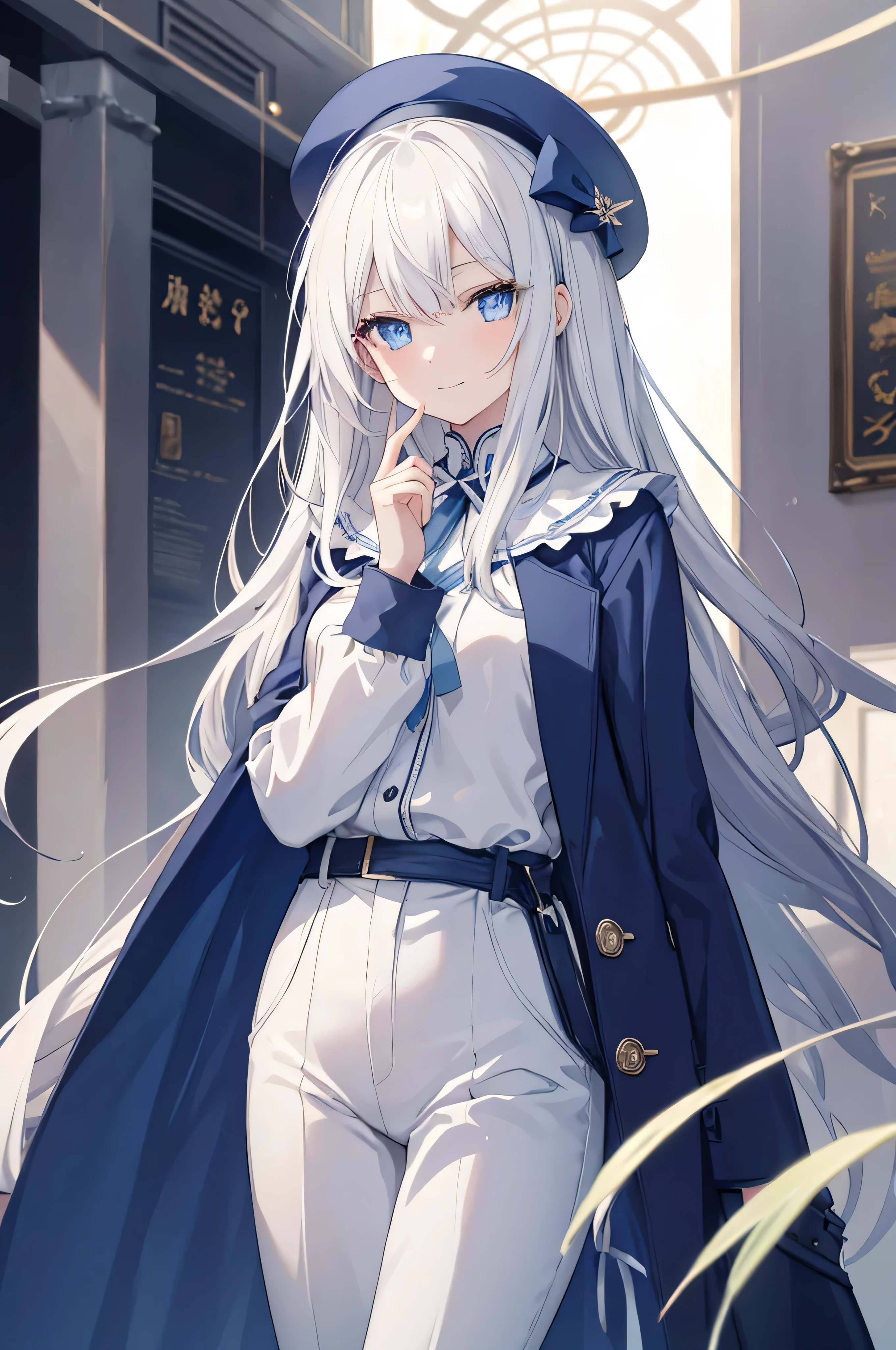 A human girl,The girl is slender,female face,subtle smile expression,white long straight hair,blue eyes,There are bright spots in the eyes,female hands,newbie,normal finger,Put your hands behind your back,There is a blue three-cornered hat on the head,Wearing a long blue windbreaker,Wearing blue trousers,There are many straps on the body,masterpiece,Exquisite and delicate的二次元精美画风,Exquisite and delicate,8K high quality,CG wallpaper,HD,bad milk,alone,tomorrow ark风格,tomorrow ark