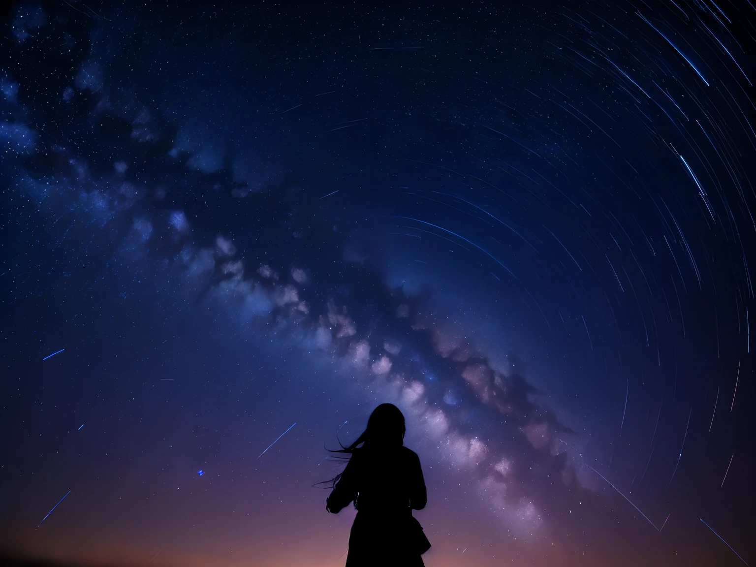 Rotating starry sky, shooting stars, girl looking up at the sky, North Star, star trails with 1 hour exposure