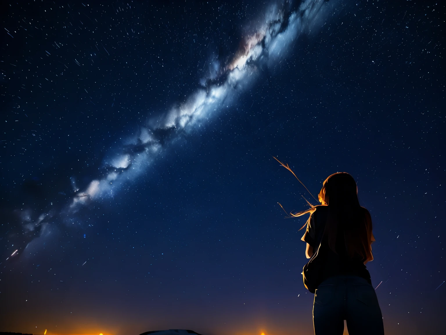 Rotating starry sky, shooting stars, girl looking up at the sky, North Star, star trails with 1 hour exposure
