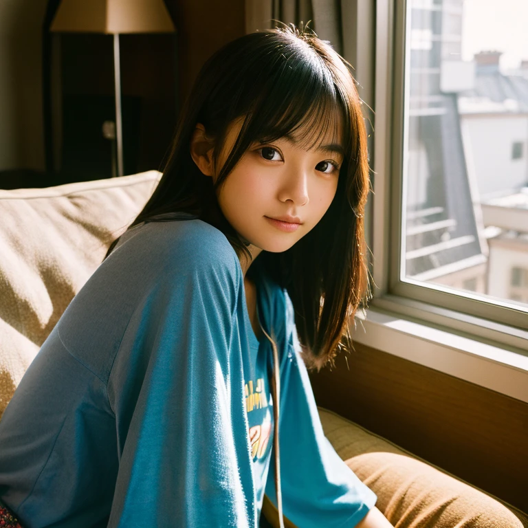 The face of a young Japanese woman posing like a model by the window. Focal length 100mmf/2.8, early winter night, living room on the upper floor of a tower apartment, plain T-shirt and shorts, close-up of eyes, film quality.