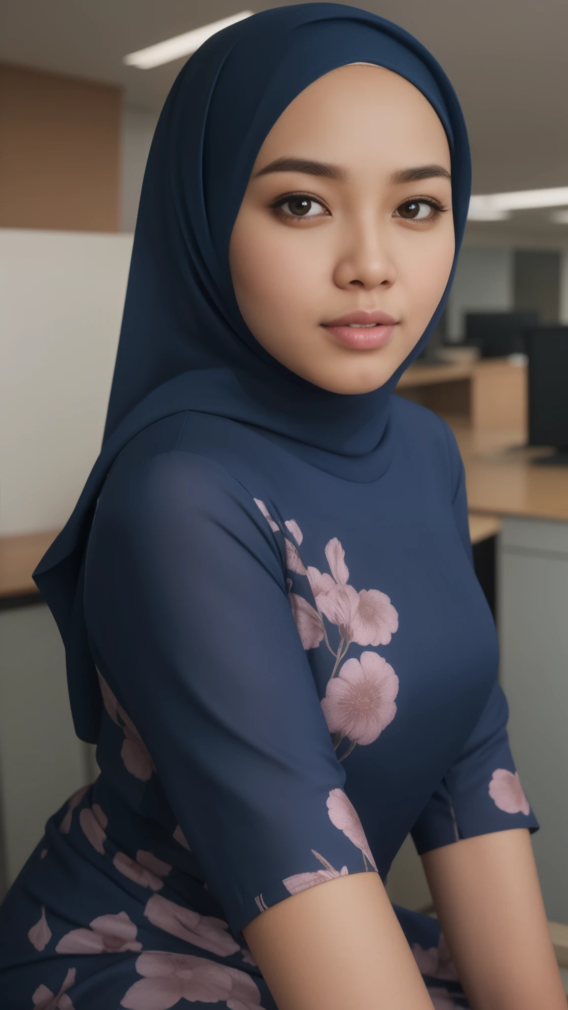 a 20 years old malay women in hijab wear blue floral pattern baju kurung seat in the office taking selfie, night, serious face, nighttime, in the office movie style, hyper - realistic photography, dramatic effect, people working in background, pastel color grading, full body, 8k, close - up shot, extreme close - up photo