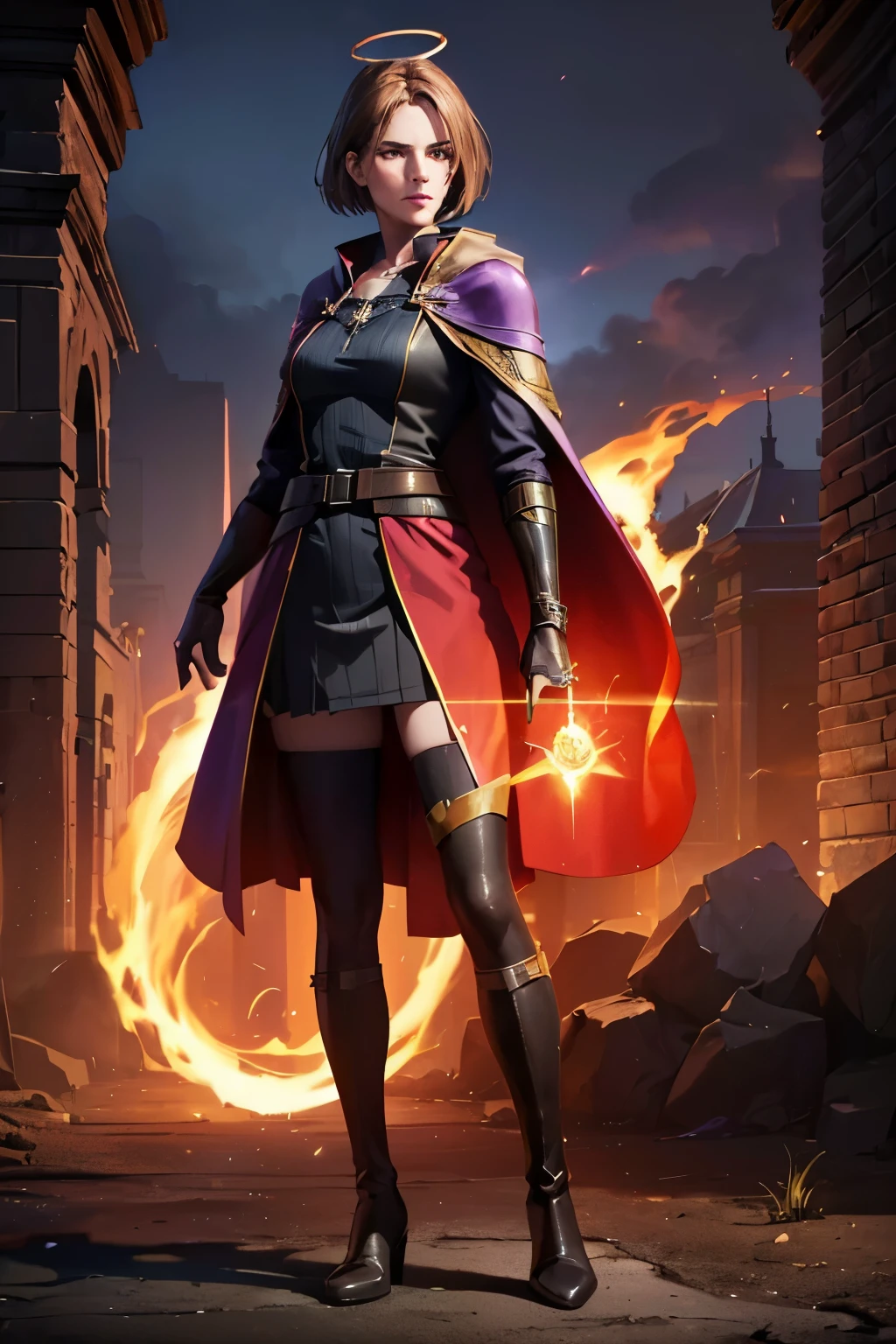 (girl:1.1,flowing purple cloak,green blouse:1.1),golden eyes,(golden halo:1.1) above head, (spellbook:1.1) in left hand, full-length figure, black boots, (dark fantasy atmosphere:1.1), (best quality,4k,8k,highres,masterpiece:1.2), ultra-detailed, (realistic,photorealistic,photo-realistic:1.37), HDR, (vivid colors:1.1), (concept artists:1.1)