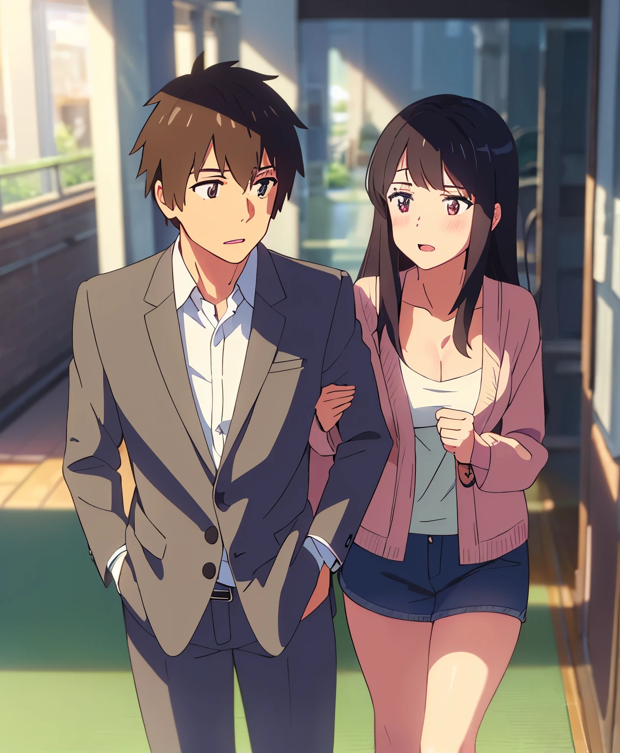 shinkai makoto, kimi no na wa., 1boy, buzzcut, office attire, boy is carrying girl, human crutch Carry, girl's arms placed over boy's shoulder, drunk, boy is beside girl, boy caressing girl's body, 1girl, bangs, black hair, brown eyes, open mouth, blush, twisted half up, red ribbon, long hair, long sleeve light yellow cardigan, open shirt, white shirt, cleavage, breast, medium breast, blue pants, hotel, hotel hallway, indoors, masterpiece, perfect ???????, cowboyshot