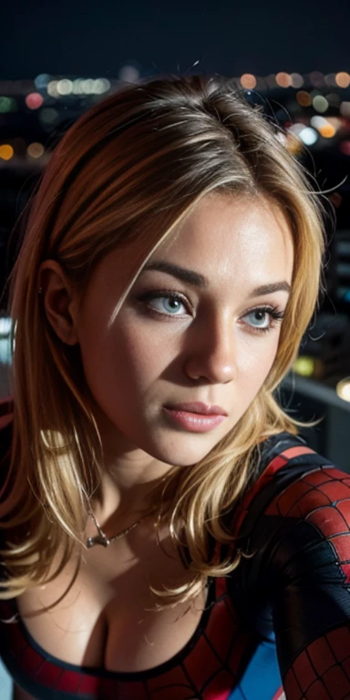 Breckie Hill, view over city, City lights, Upper body, closeup cleavage, 8k, RAW photos, best qualtiy, masterpiece, realisticlying, photograph realistic,spider-man suit,thick thight,long detailed hair,blond color hair