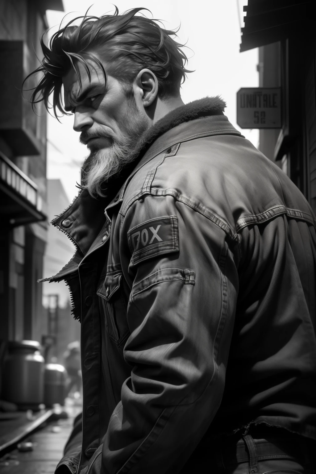 Photo of a tough man, (Detailed face:1.2), ((rugged features)), (coarse skin), weathered, (strong jawline), (deep-set eyes), (worn clothing: denim jacket and jeans), (scruffy beard), (Back view), (dramatic lighting), (convoluted textures), (Canon EOS R6), 70-200mm Lens, F/4, (4K), (Wallpaper), (Raw and gritty), (Realistic character study), (Low angle perspective) (trending on 500px), (Ansel Adams inspired) (Black and white filter) (Fuji X