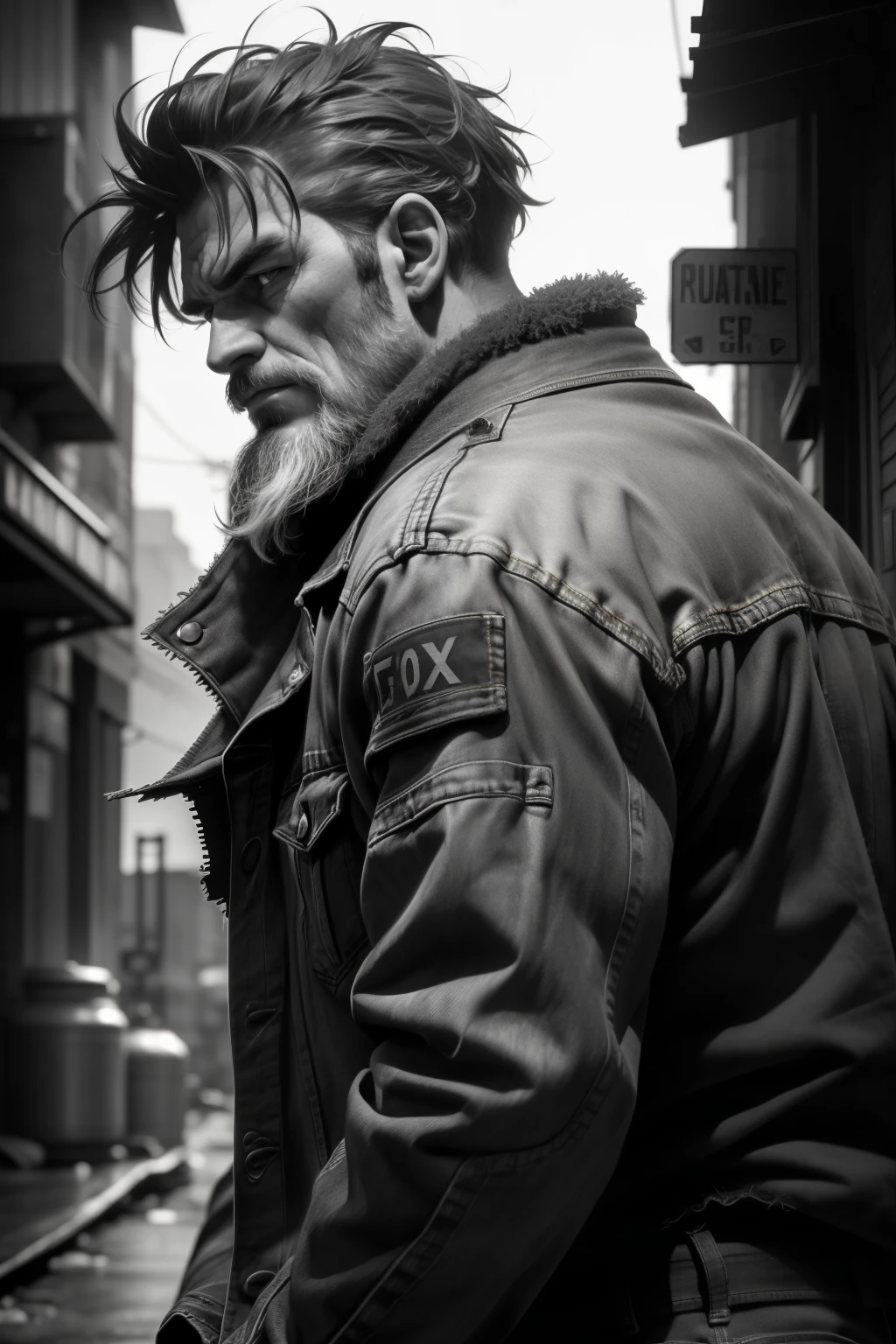 Photo of a tough man, (Detailed face:1.2), ((rugged features)), (coarse skin), weathered, (strong jawline), (deep-set eyes), (worn clothing: denim jacket and jeans), (scruffy beard), (Back view), (dramatic lighting), (convoluted textures), (Canon EOS R6), 70-200mm Lens, F/4, (4K), (Wallpaper), (Raw and gritty), (Realistic character study), (Low angle perspective) (trending on 500px), (Ansel Adams inspired) (Black and white filter) (Fuji X