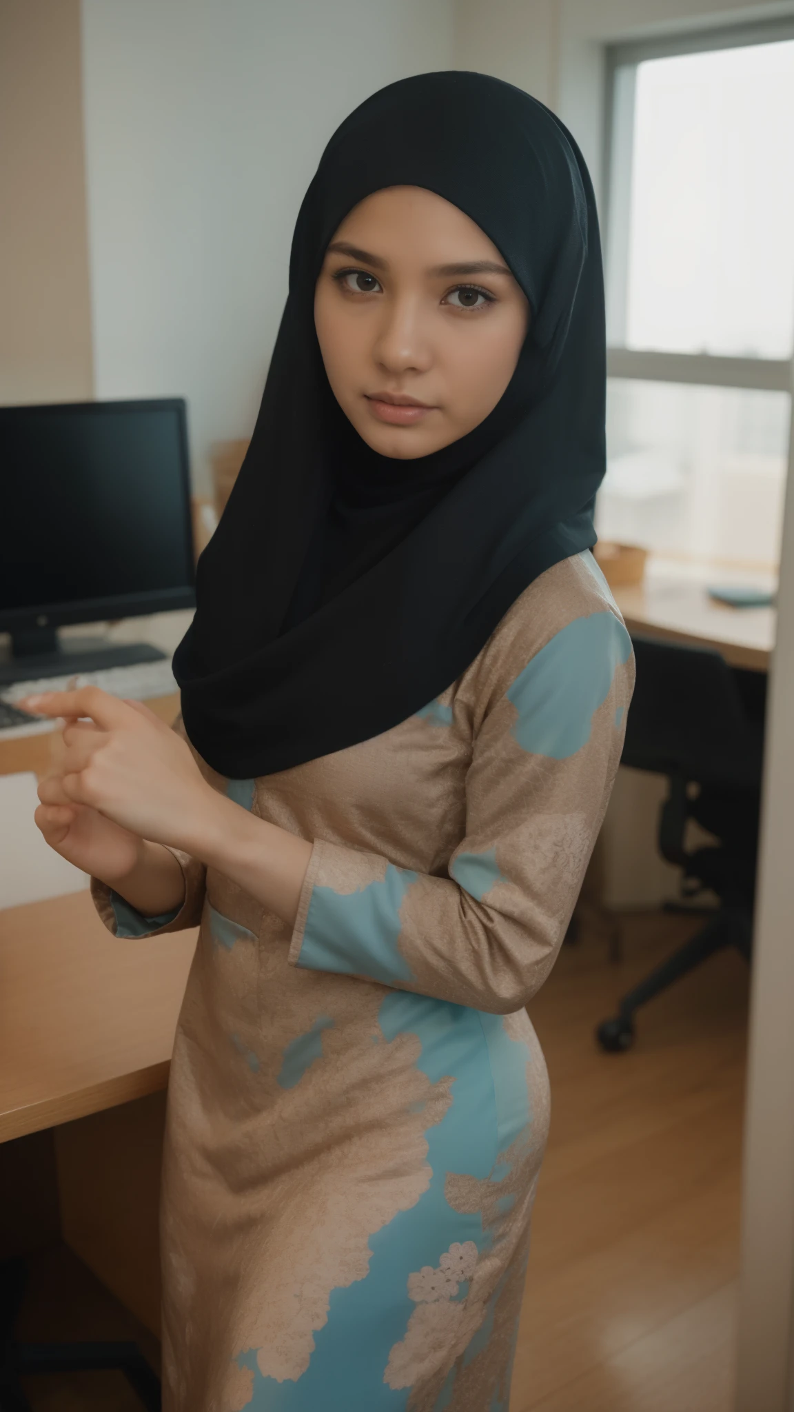 a 20 years old malay women in hijab wear blue floral pattern baju kurung seat in the office taking selfie, night, serious face, nighttime, in the office movie style, hyper - realistic photography, dramatic effect, people working in background, pastel color grading, full body, 8k, close - up shot, extreme close - up photo