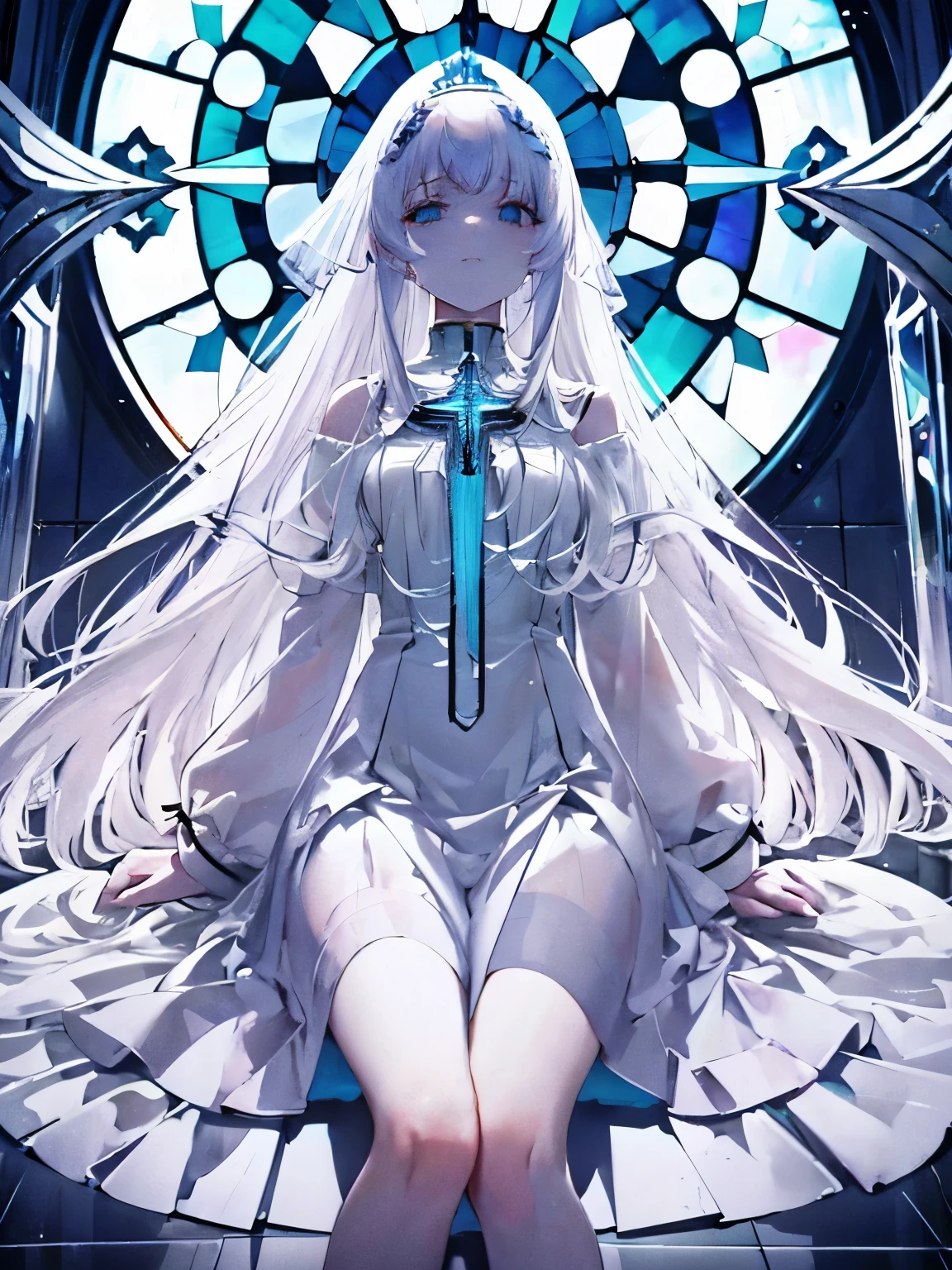 white haired woman　very long hair　hair falling on the floor　Sitting on the floor　Light is shining from above　Inside the white church　cross　transparent　glass　BLUE　Composition looking up from bottom to top　Beautiful stained glass　Delicate face drawing