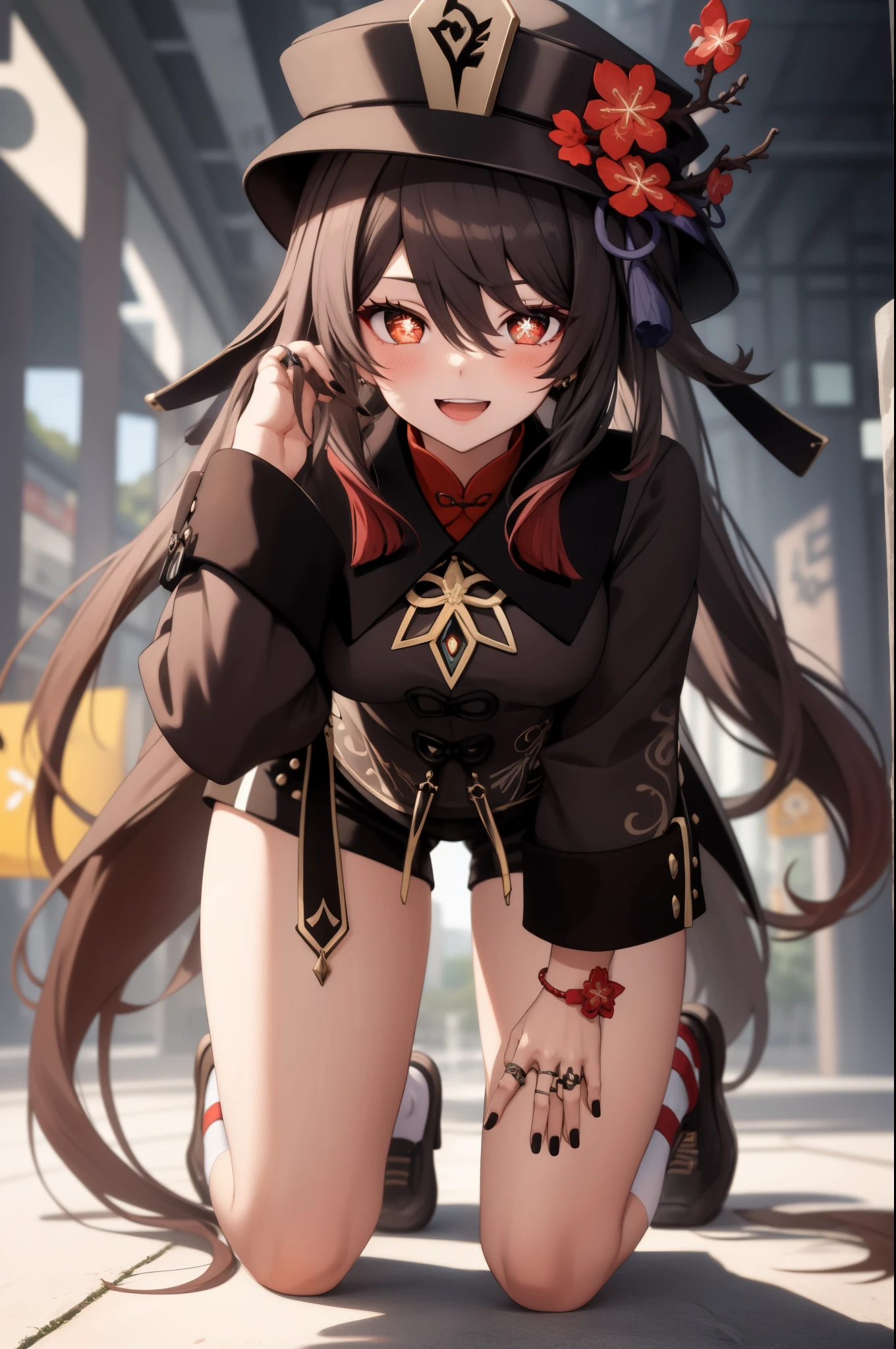 masterpiece, best quality, Walnut V4, 1 girl, alone, looking at the audience, Symbol shaped pupils, flower shaped pupils, blush, Smile, open mouth, long sleeves, have, jewelry, flower, thigh, shorts, sock, nail polish, black headdress, Chinese clothes, black shorts, ring, on all fours, black nails, have flower, 