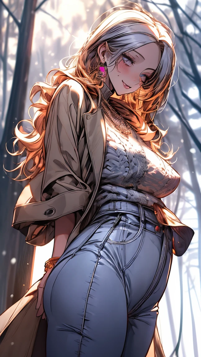 (masterpiece, best quality:1.2), (high resolution, 8K RAW photo, photo realistics, clear focus, thin outline:1.3), (natural lighting, textile shading), snapshot, pov, ((solo:1.37)), (1 matured woman, 28 years old, raised sexy), ((milf:1.5)), ((nfsw:0.8, fuge breast:1.3, sagging breast, big tits, breast cleavage, harass sexually, in heat:0.2)), ((Bright beautiful eyes with highlight:1.3, fine detailed eyes, high detailed pupils)), beautiful girl wearing winter outfits:1.5, ((cute girl playing around in the falling snow:1.5, dancing, stepping, with fluttering:1.2, turnning, spinning, spreading legs, opening arms widely, fluttering hair)), ((winter outfits, wearing light orange winter coat:1.2, fluttering winter coat, cable knit sweaters, skinny denim:1.5, knit scarfs around neck, tihg_length long boots1.1)), your body decorated with fallen snow, in the snow, (looking at viewers, with seductitve smiling, half-closing eyes), ((little opening mouth:1.37)), silver based purple meshed hair, medium long hair, hair over one eye, asymmetric hair, side rock, blue eyes, (Luxury detailed accessories, necklace, earrings, Bracelets), bokeh, dutch angle, close-up face:1.5, full body, ankle focus, ((from side below:1.5)), ((full bodiEsbian, correct anatomy:1.6, perfect anatomy:1.3, ideal ratio of body proportions, correct hand:1.5, small hands)), outdoors, in a snowy forest, snow covered ground, trees decorated with snow, floating snowflakes,