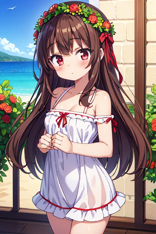 About 9 ~ 16 year old girl，red eyes，brown hair，white skin，swimsuit，There is a blush，wreath，Two-dimensional style