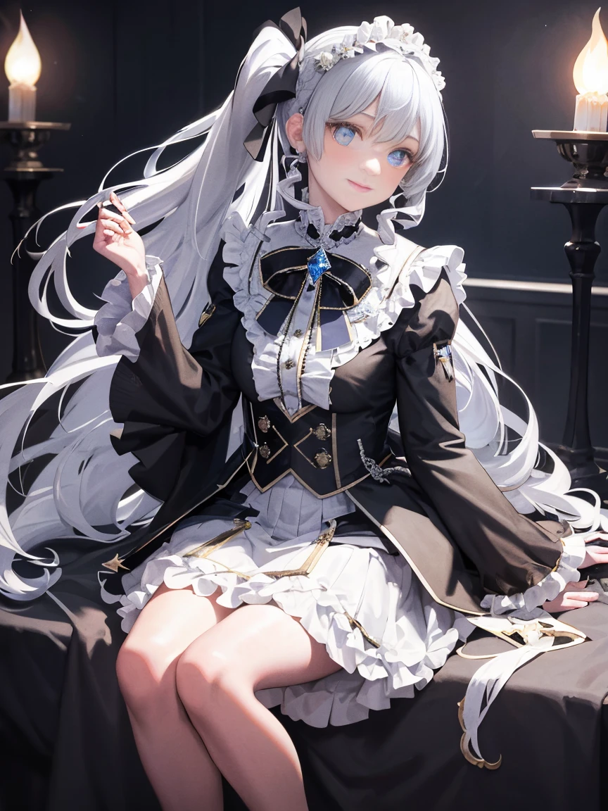 dramatic composition, coat style dress, royal, nice, カスケードfrills, frills, bow, crystal chandelier, roman curly hairstyle, ponette, double ponytail like a drill, look at the camera, bangs, maximalism, palace background, Delicate depiction of hair and eyes, princess dress, nice skirts, flowers in hand, smile, Eyes like the starry sky, cinematic light, extreme detail, High resolution, happy girl, very long hair, diamond, broken diamond, crystal shards, particles of light