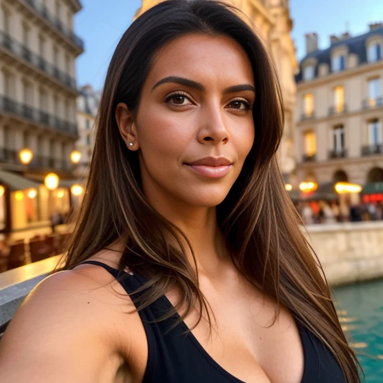 photo of a 1Latina woman (Cléo Pires), (Kim Kardashian) with long brown hair dyed blonde, taking a selfie in Paris, highly detailed and realistic photography in style