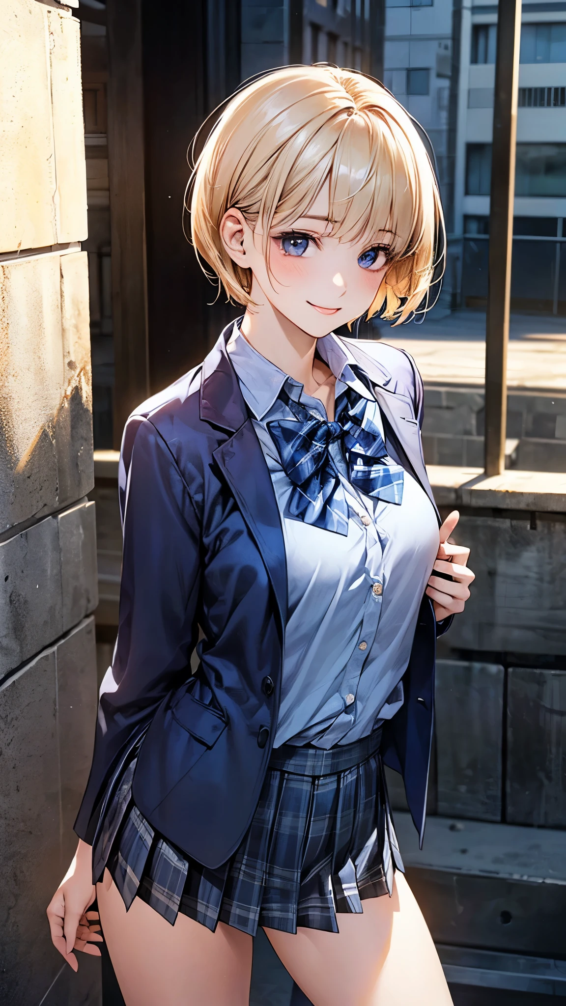 (masterpiece:1.2, top-quality), (realistic, photorealistic:1.4), beautiful illustration, (natural side lighting, movie lighting), nsfw, 
looking at viewer, cowboy shot, front view:0.6, 1 girl, japanese, high school girl, perfect face, cute and symmetrical face, shiny skin, 
(short hair:1.5, pixie cut:1.4, blond hair), bangs pinned back, red eyes, long eye lasher, (large breasts:0.6), 
beautiful hair, beautiful face, beautiful detailed eyes, beautiful clavicle, beautiful body, beautiful chest, beautiful thigh, beautiful legs, beautiful fingers, 
(((navy jacket), light blue collared shirts, navy pleated mini skirt, black socks, blue plaid bow tie)), 
(beautiful scenery), evening, riverside, standing, wave hands, (lovely smile, upper eyes), 